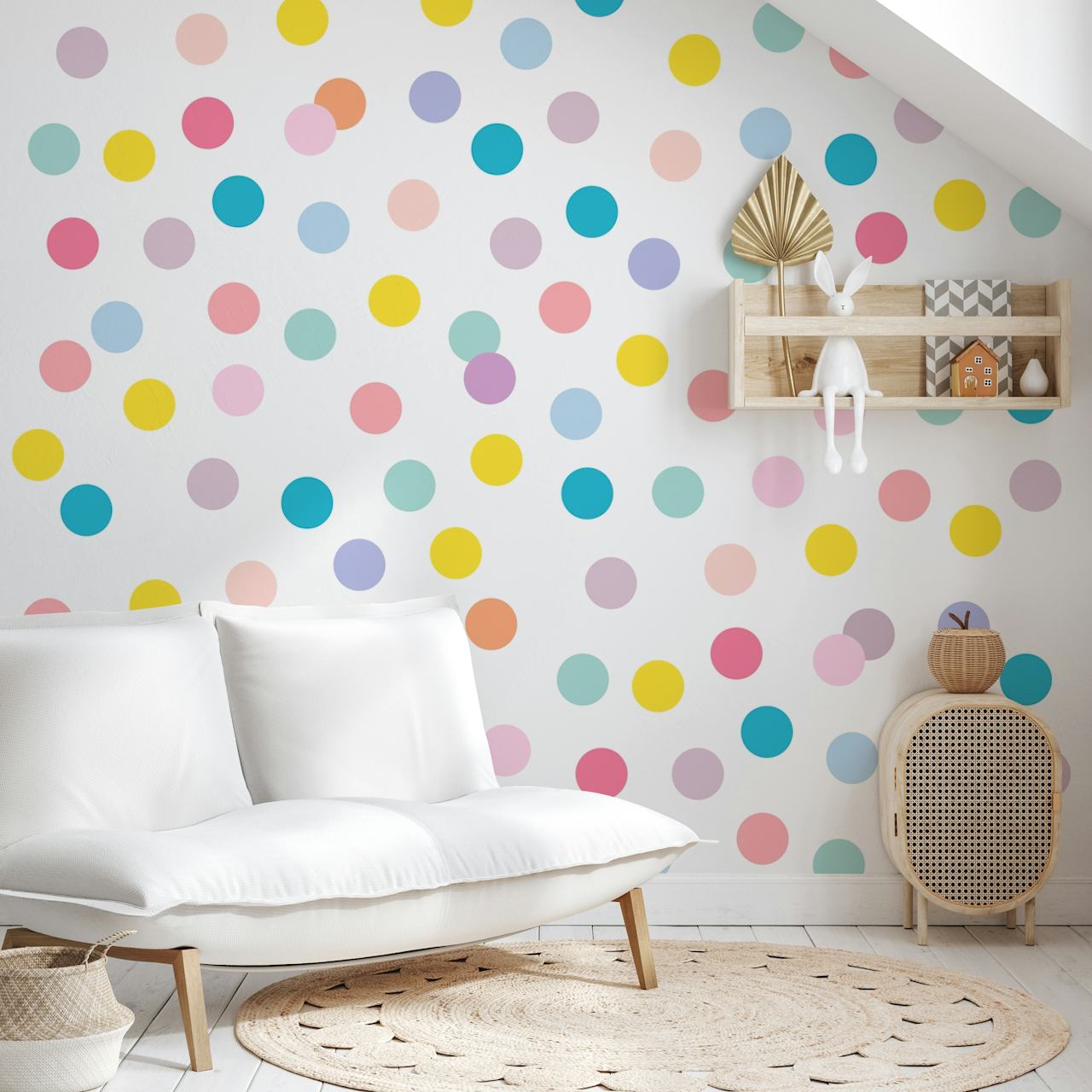 Fargerikt prikkete mønster på et veggmaleri med en rekke lyse farger spredt på en hvit bakgrunn