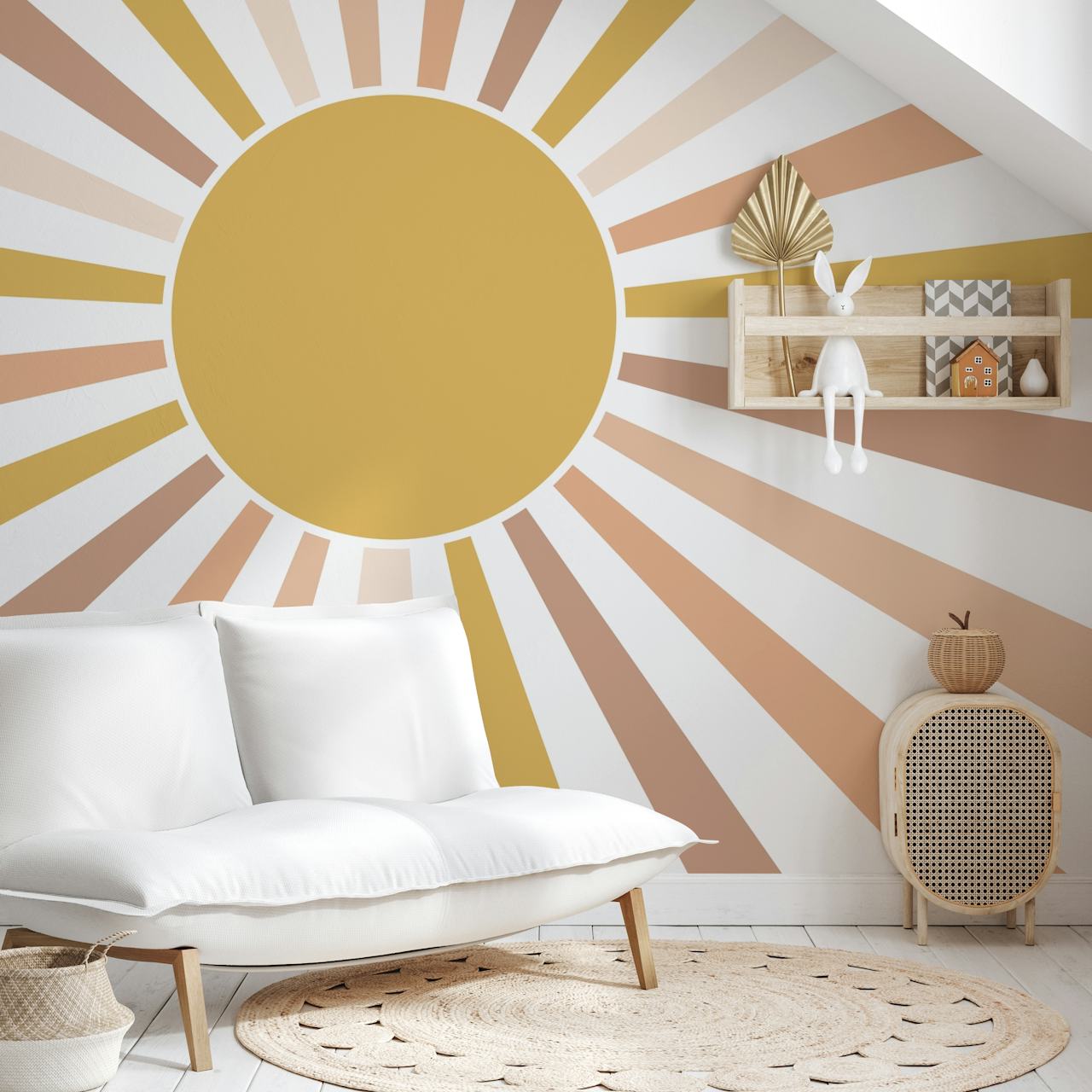 Blush pink sunburst design with gold accents wallpaper