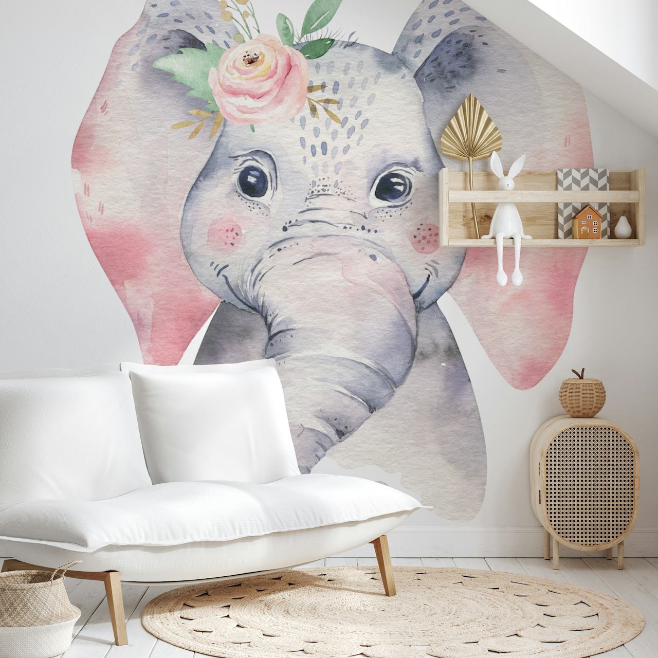 Charming baby elephant wall mural with floral details