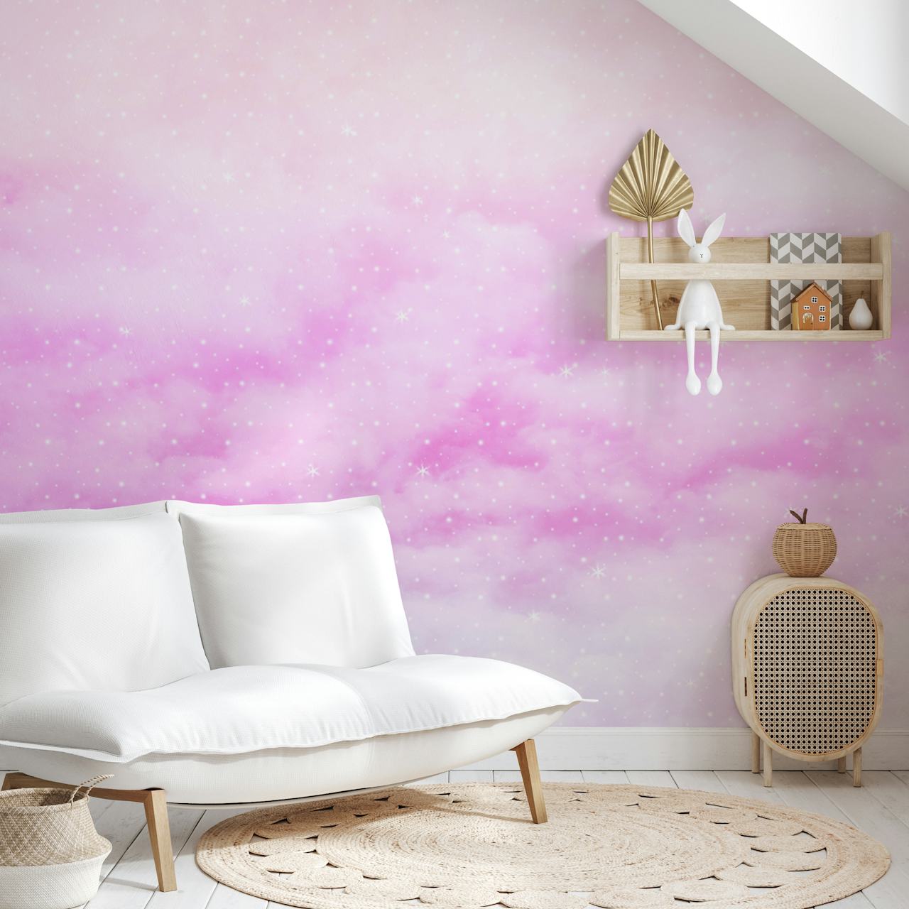 Pastel clouds in shades of pink and purple with starry texture wallpaper