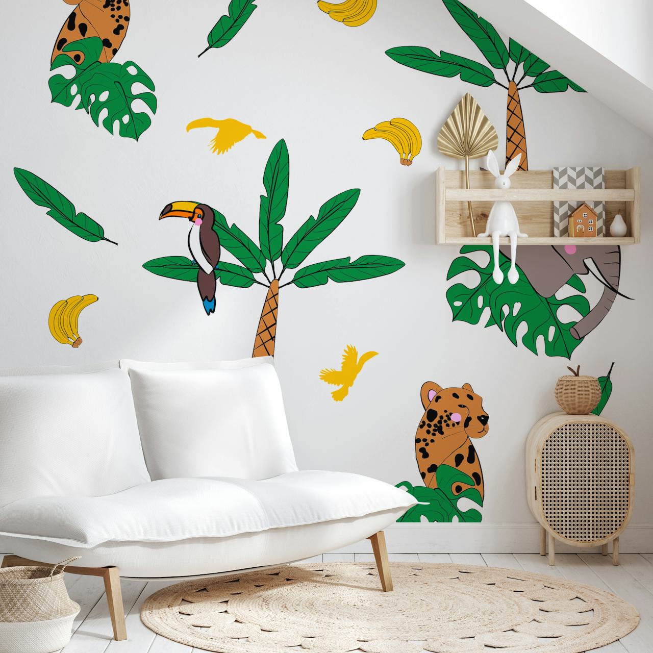Tropical animal print wallpaper with elephants, toucans, and leaves