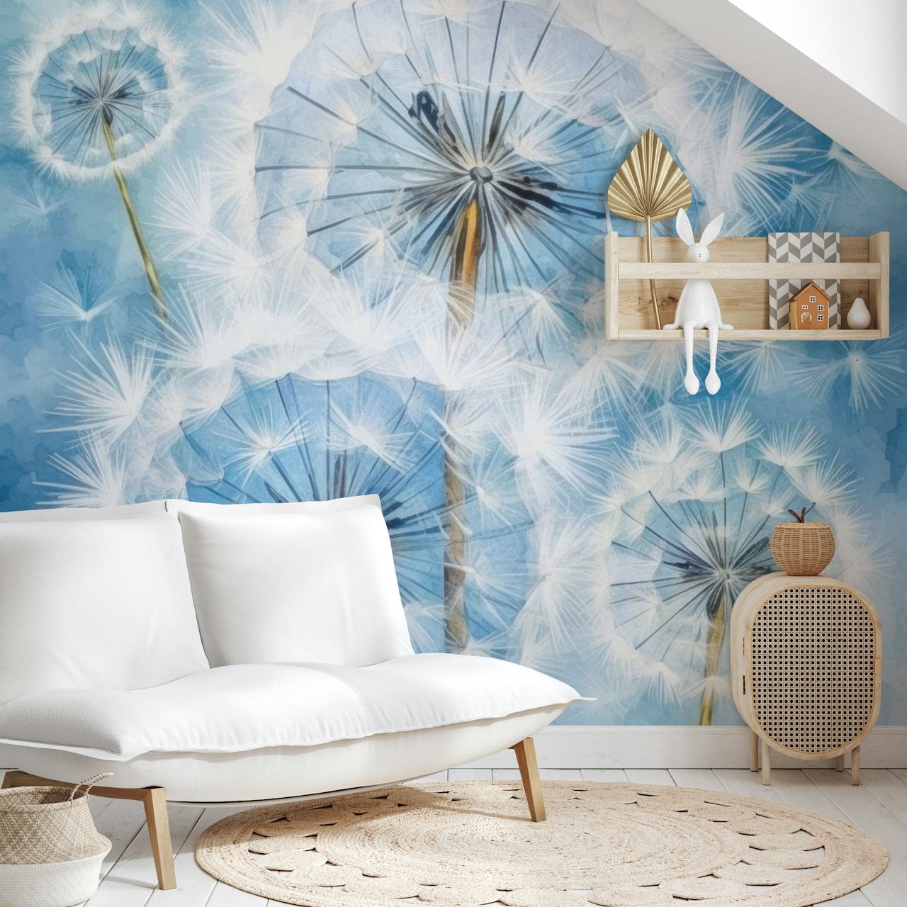 Dandelion flowers with white fluff on blue background wallpaper