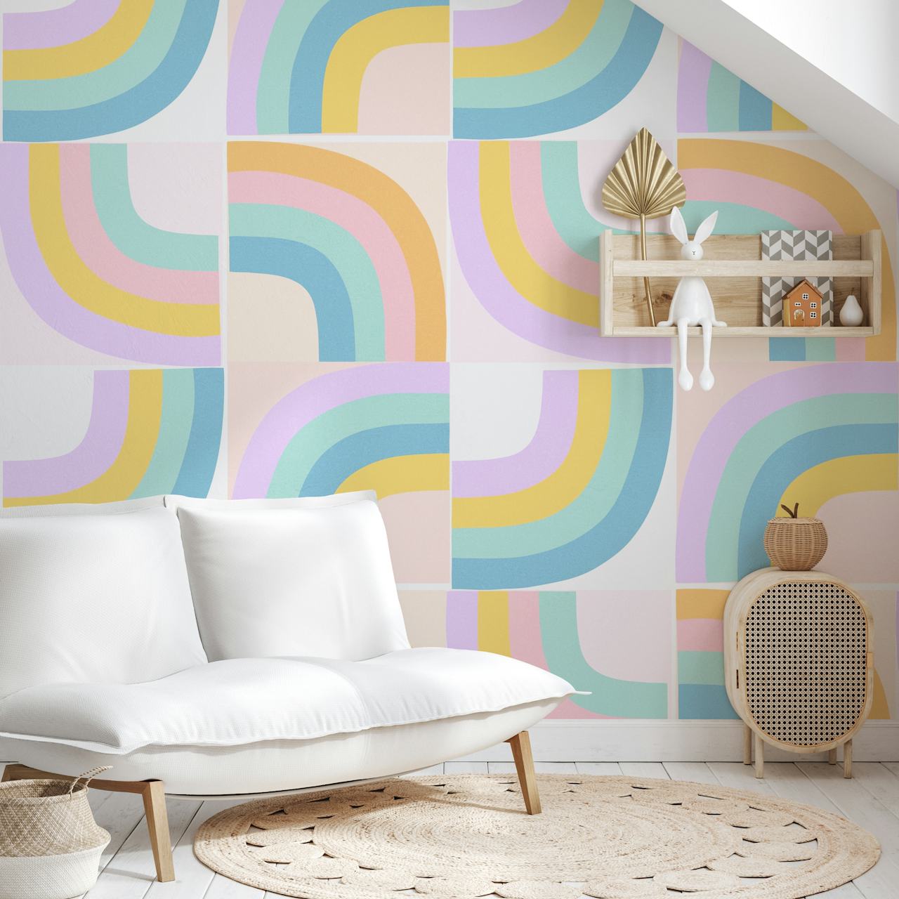 Mural de parede Retro Rainbow Tiles com formas arqueadas em azul-petróleo, rosa e laranja
