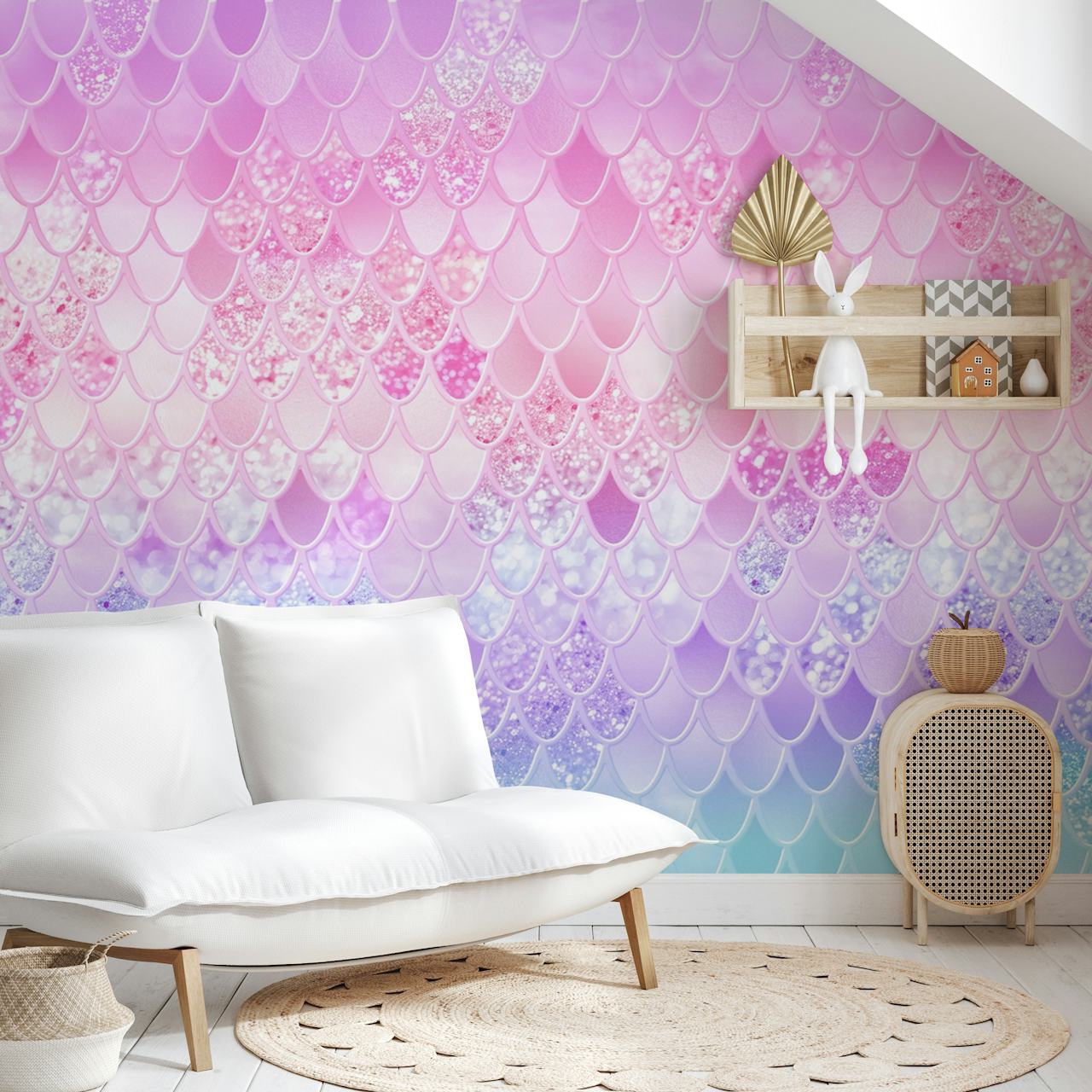 Ταπετσαρία Pastel Unicorn Mermaid Glitter Scales σε ένα δωμάτιο