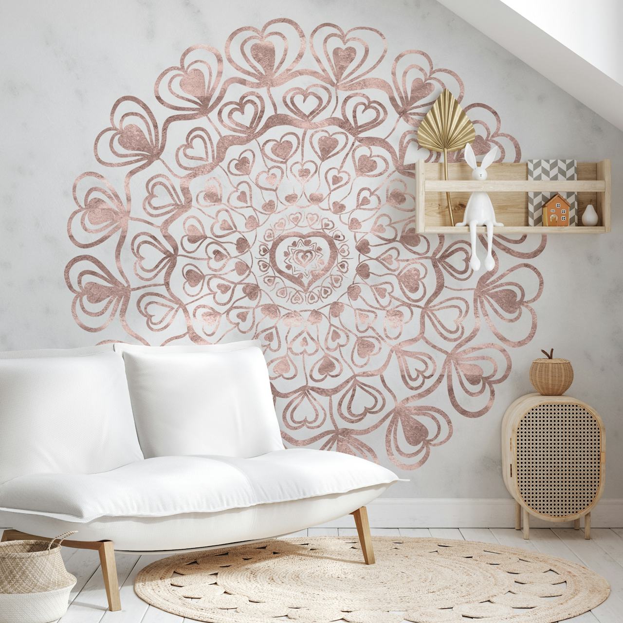 Heart mandala design in rose gold on textured marble wallpaper