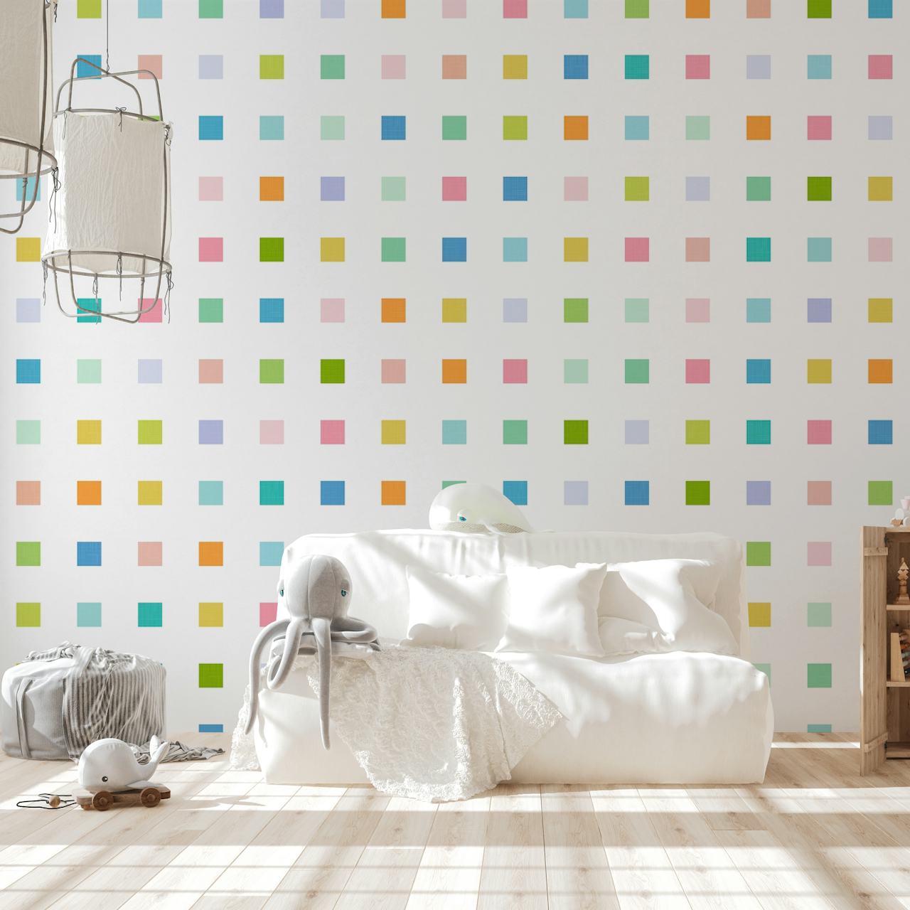 Pastel geometry ditsy checks wallpaper in a room