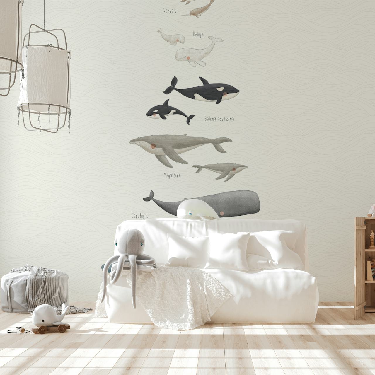 Whale and dolphin illustrations on a textured background wallpaper