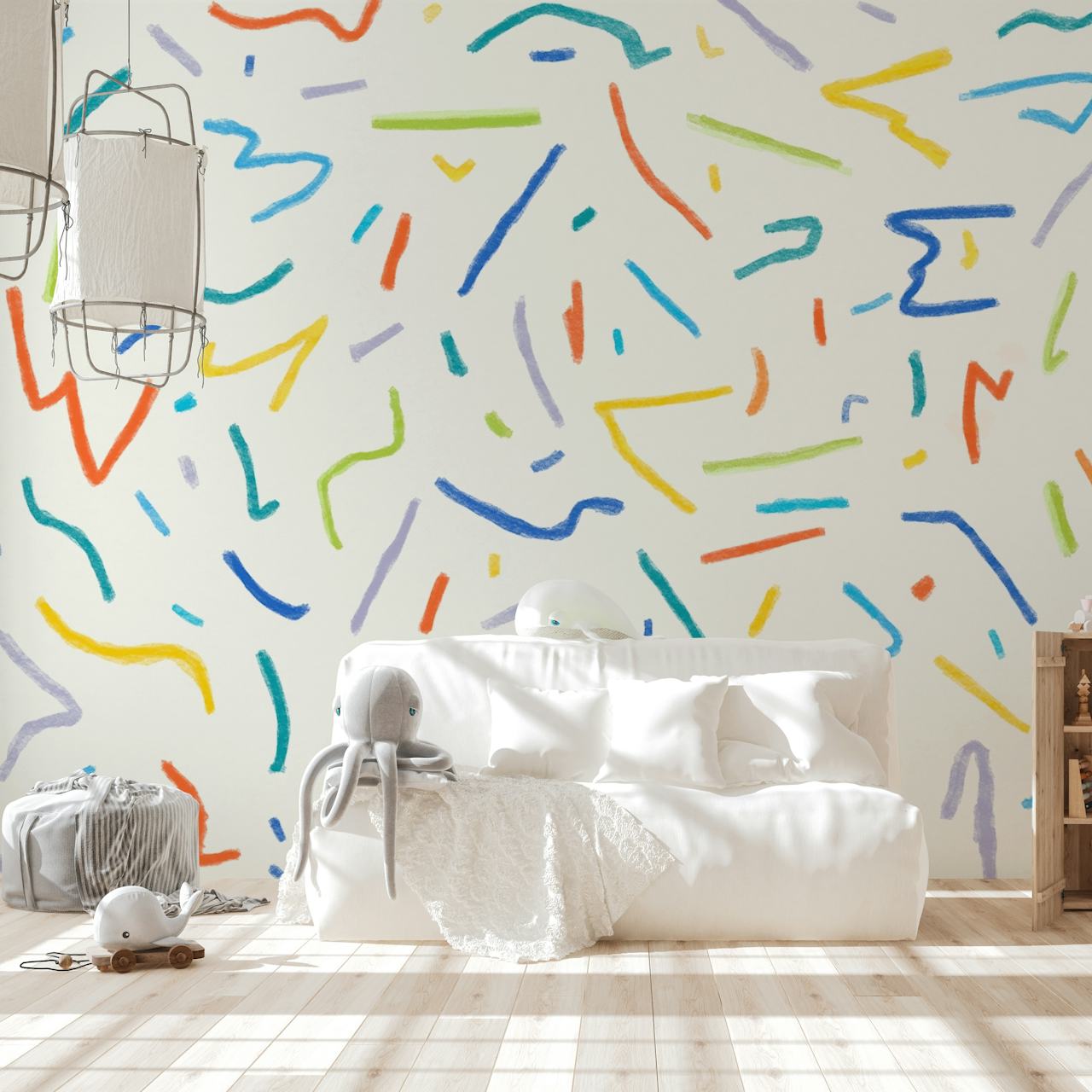 Colorful abstract lines on cream background wallpaper