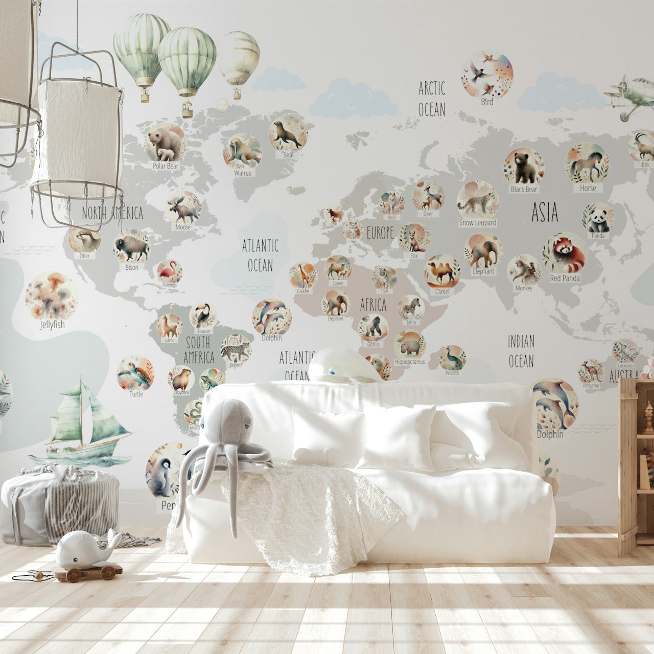 World map with various animal illustrations in pastel colors; wall mural.