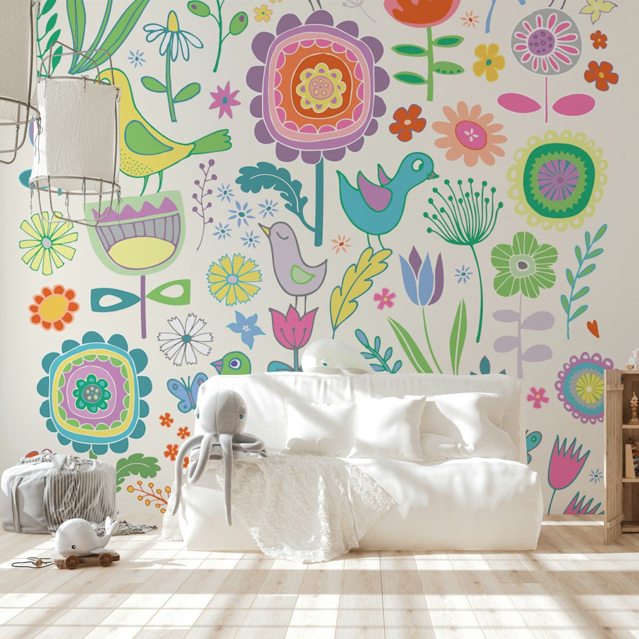 Colorful birds and flowers on cream background wallpaper