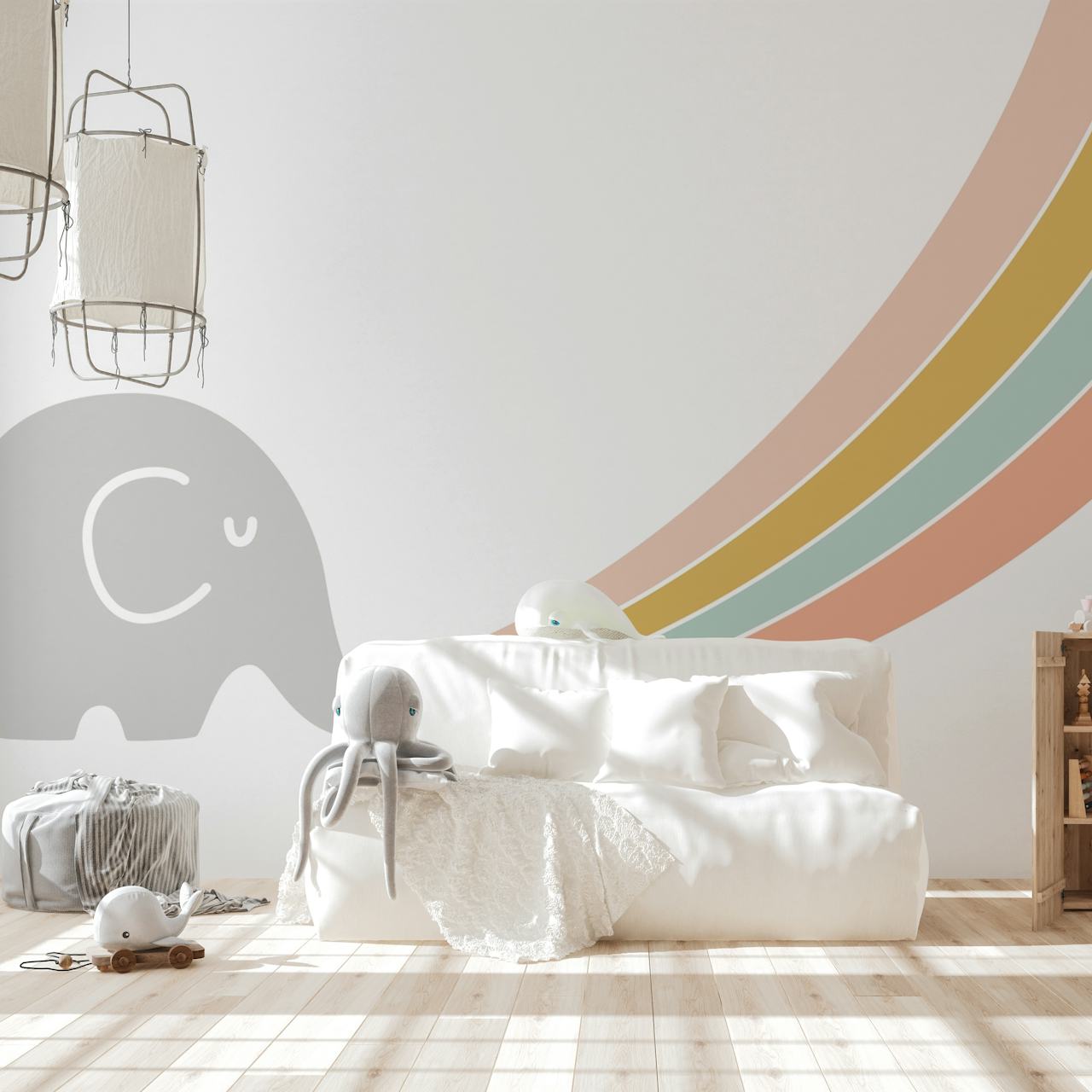 Gray elephant with colorful rainbow stripes wallpaper