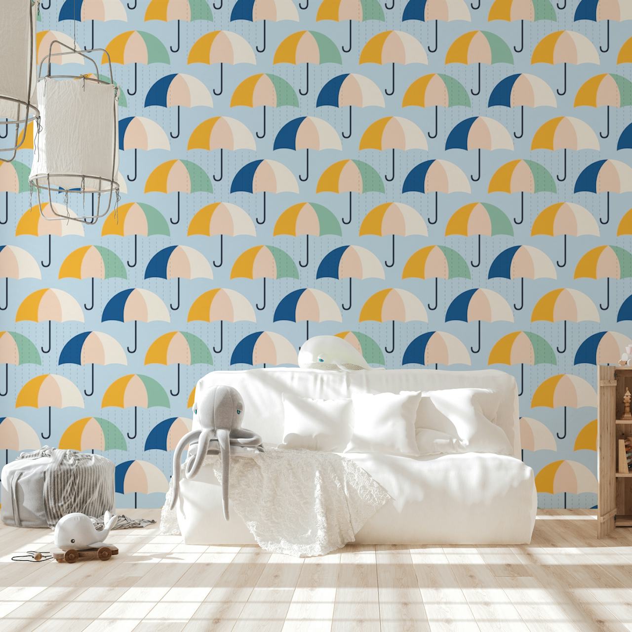 Colorful patterned umbrellas in blue, yellow, and cream wallpaper