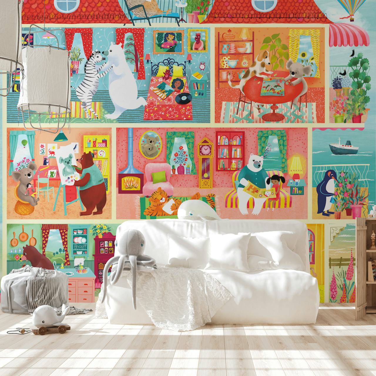 Colorful animal-themed beach house scenes in vibrant colors wallpaper