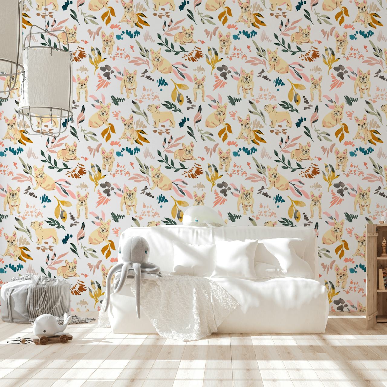 Cute puppies among colorful floral designs on white wallpaper