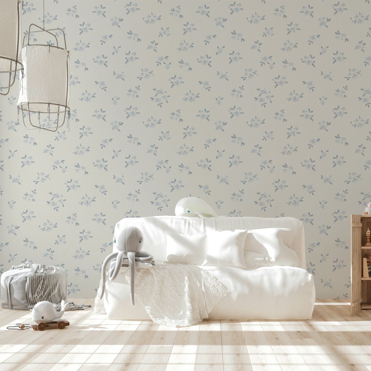 Papel pintado William Soft Floral Misty Blue en una habitación