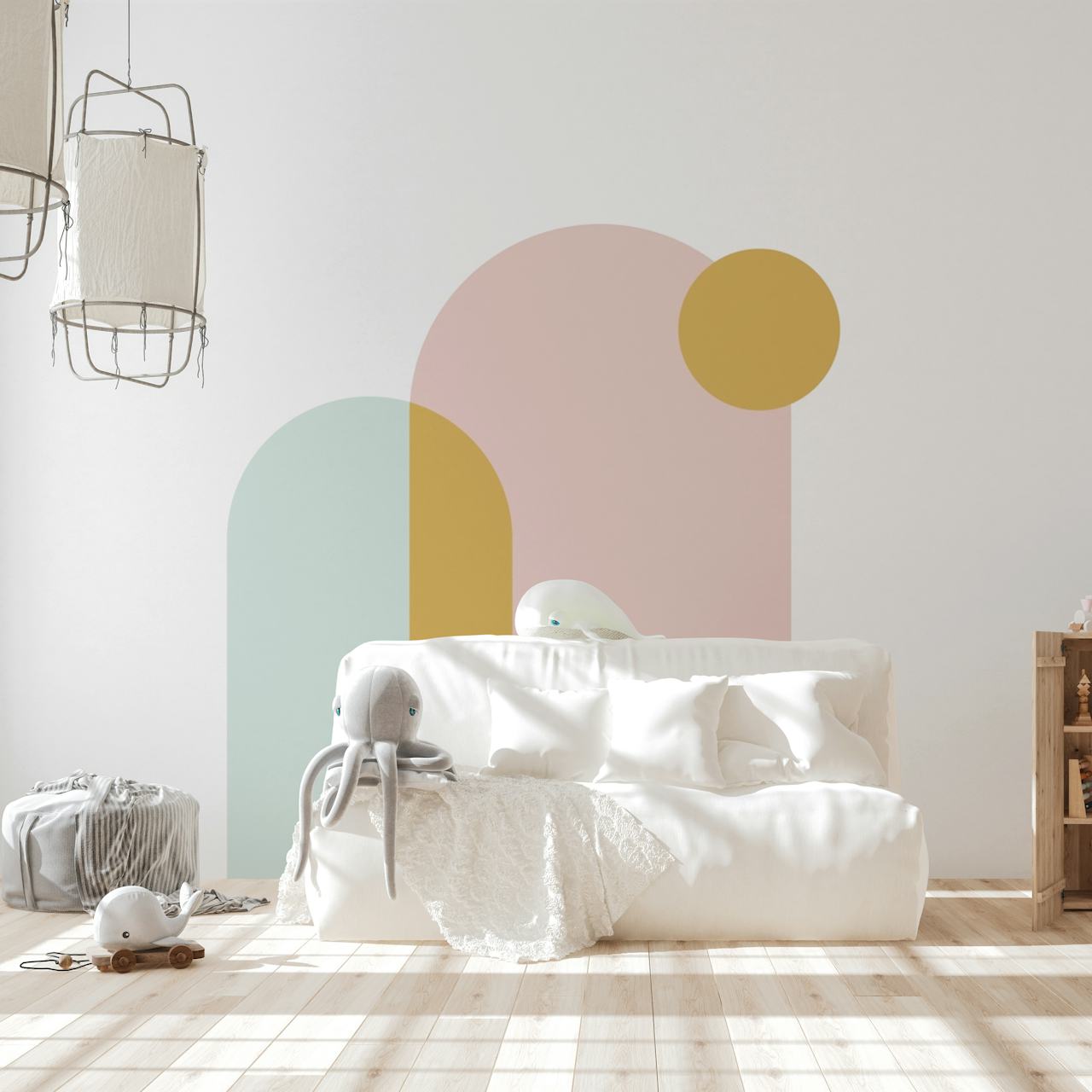 Mint and pink modern boho wallpaper design in room