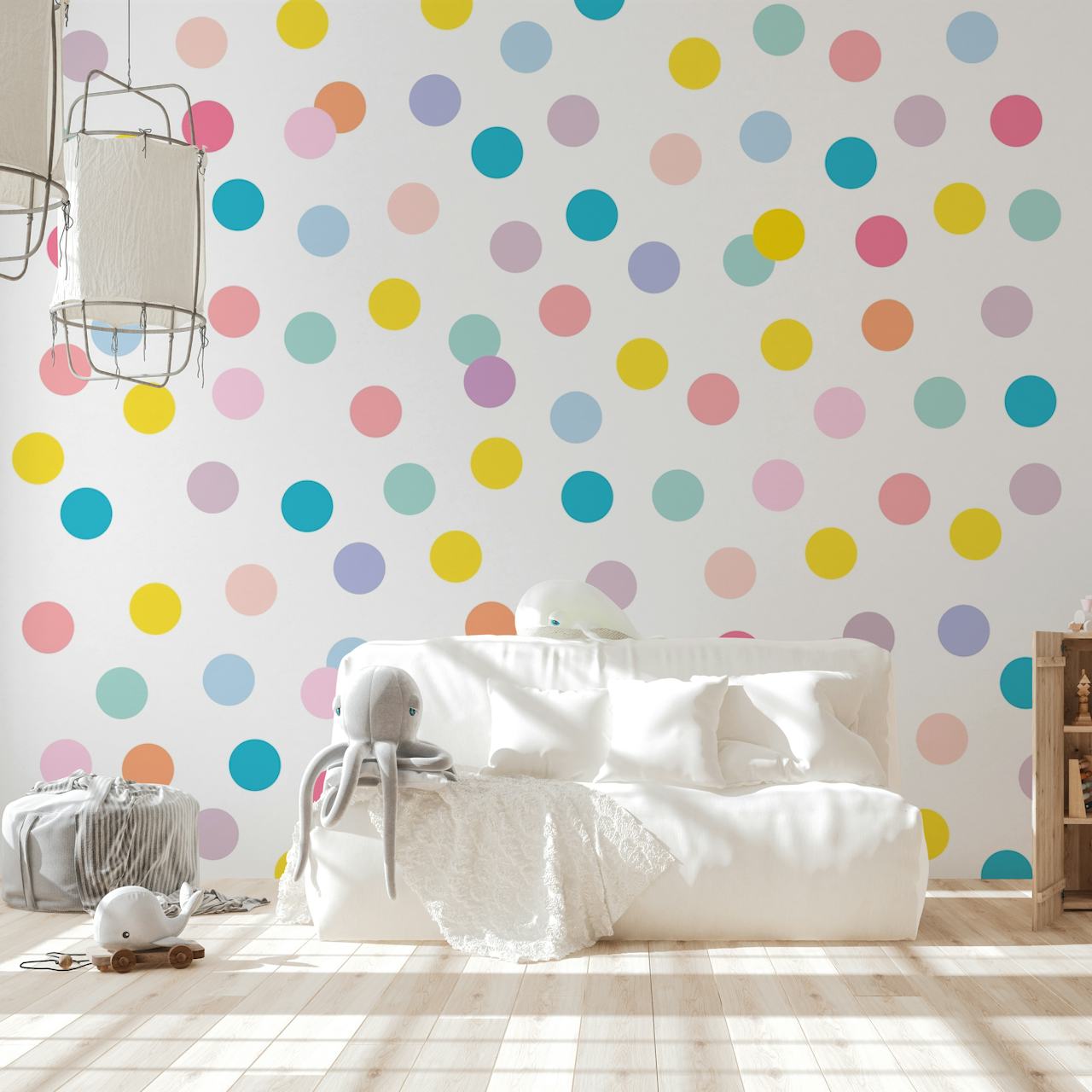 Fargerikt prikkete mønster på et veggmaleri med en rekke lyse farger spredt på en hvit bakgrunn