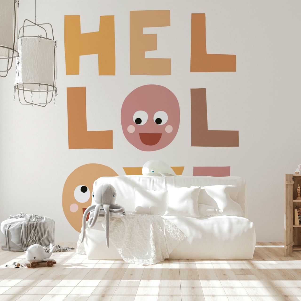 Hello Love boho wallpaper with warm colors and playful characters