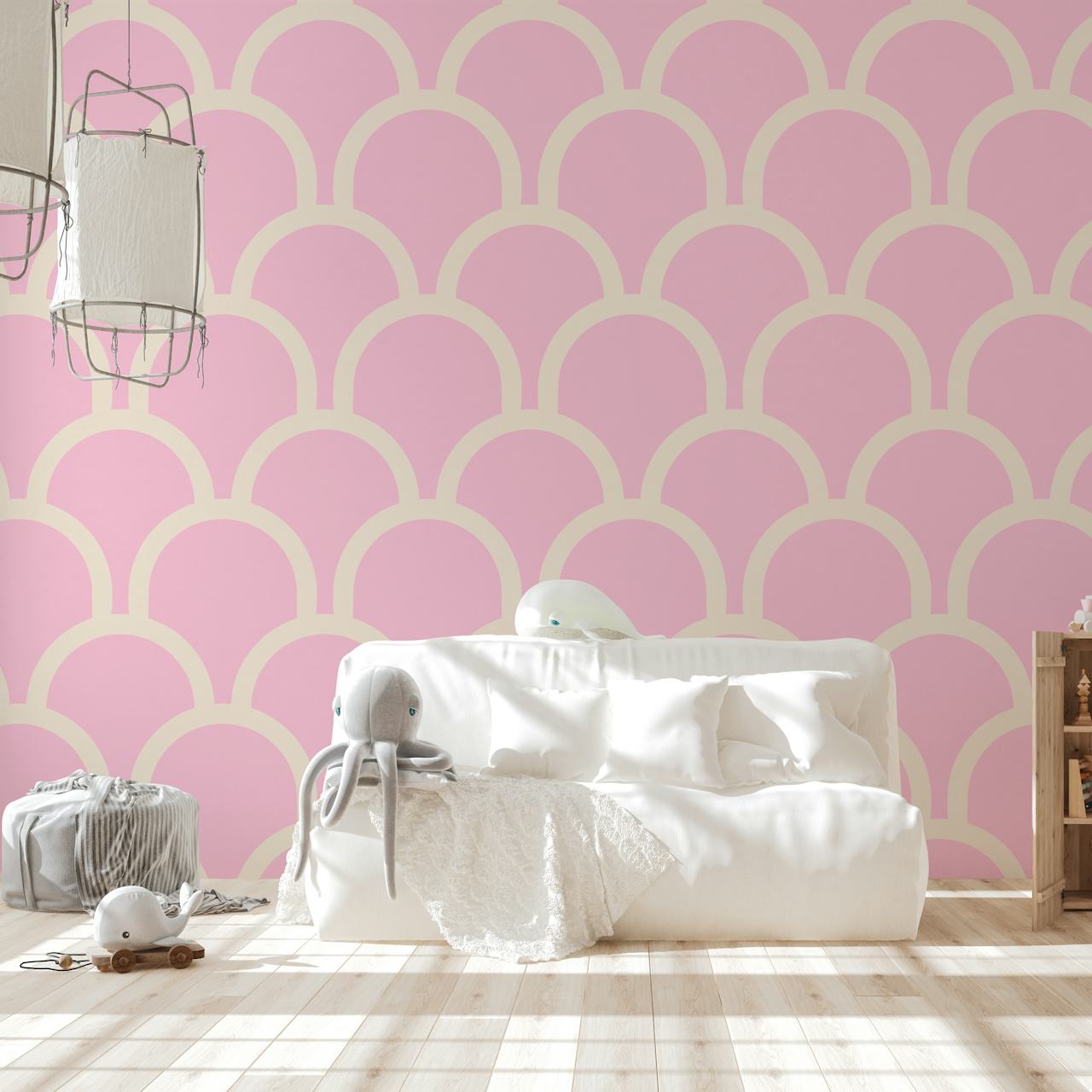 Pink scallop pattern wallpaper with cream curves