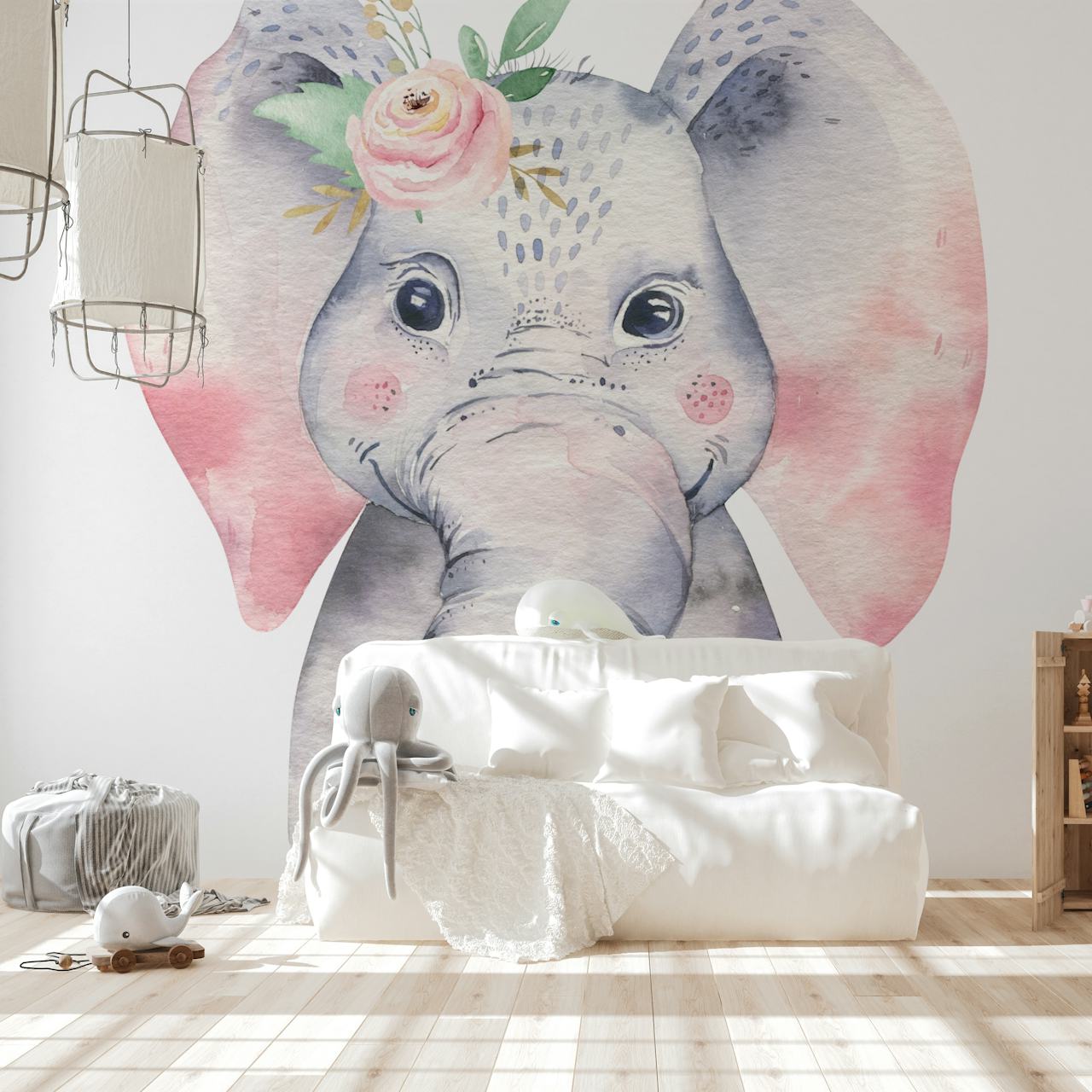 Charming baby elephant wall mural with floral details