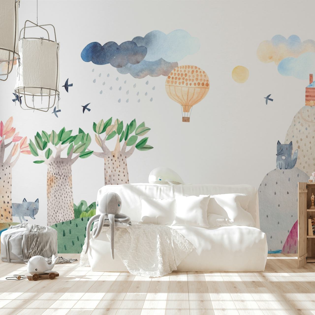 Pastellivärinen akvarellitapetti, jossa on omituisia susia, kuumailmapalloja ja lintuja rauhallisessa maisemassa