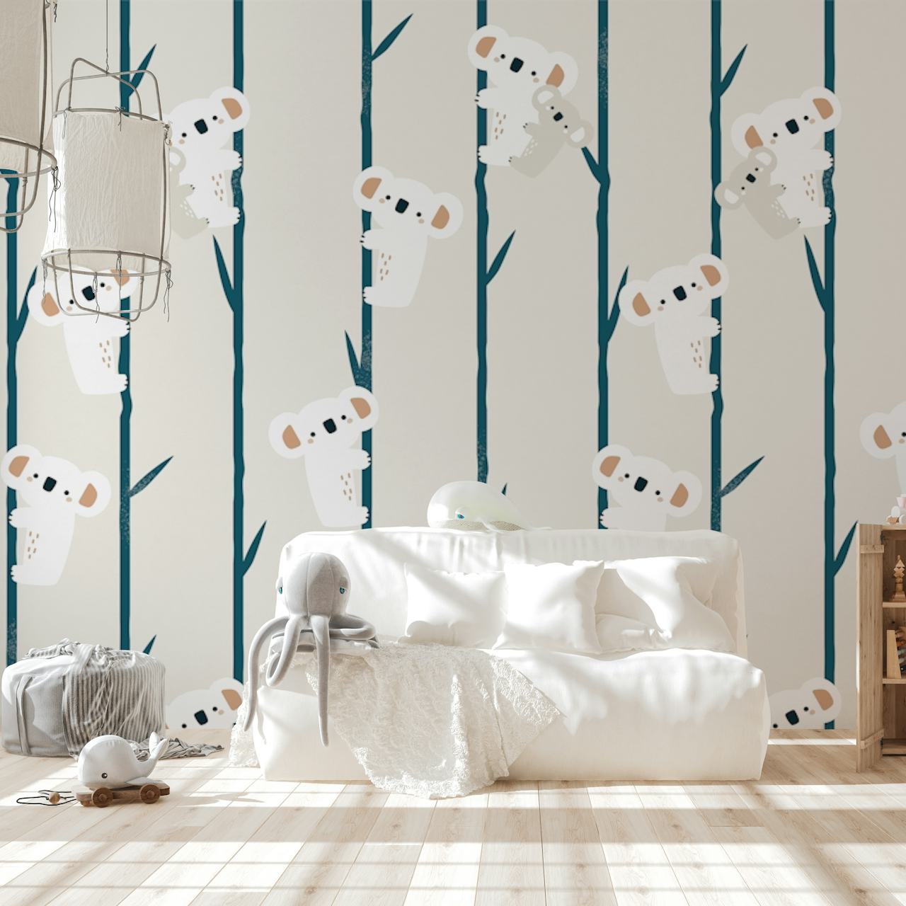 Cute koalas climbing on bamboo branches in gray and white wallpaper