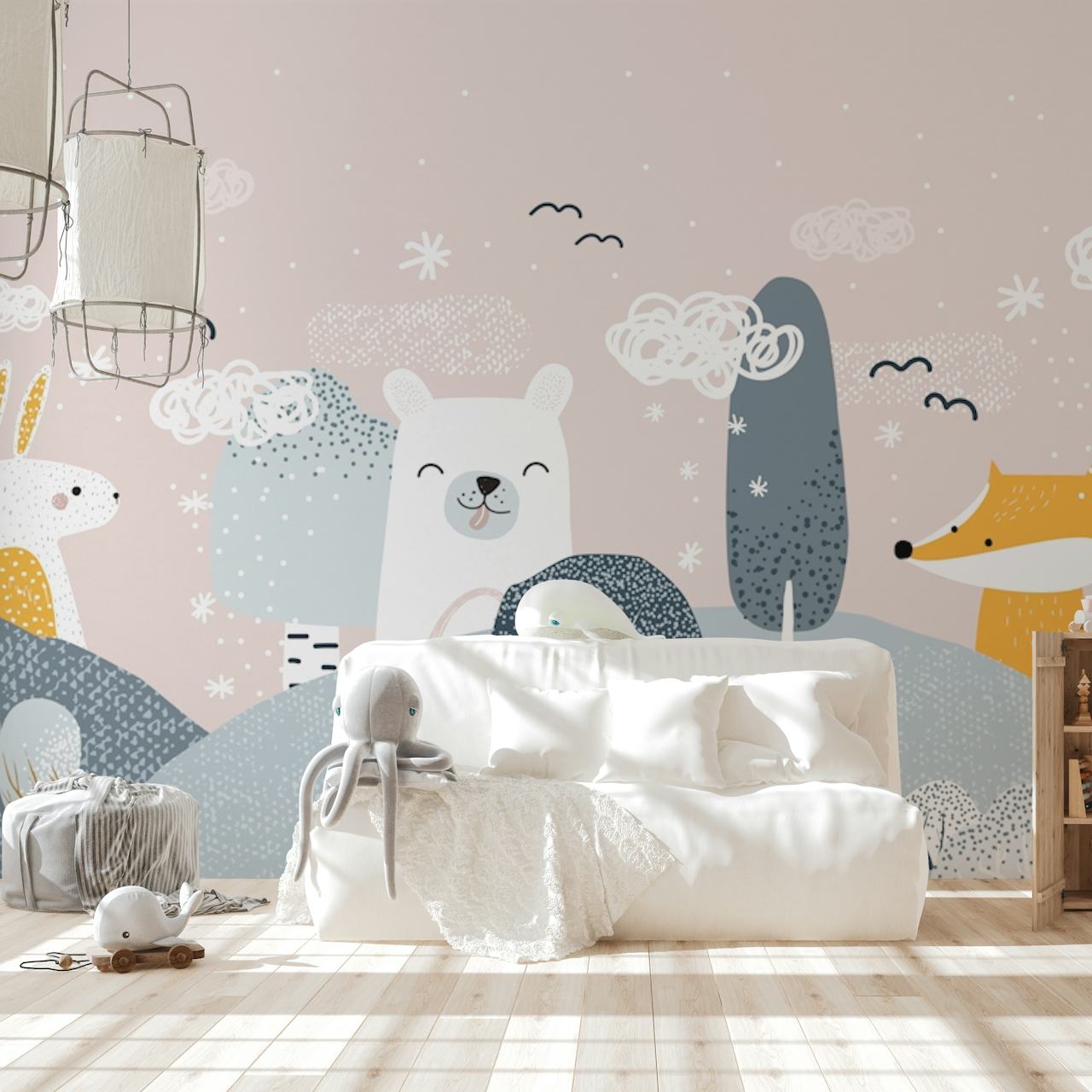 Winter forest animals wallpaper in a room