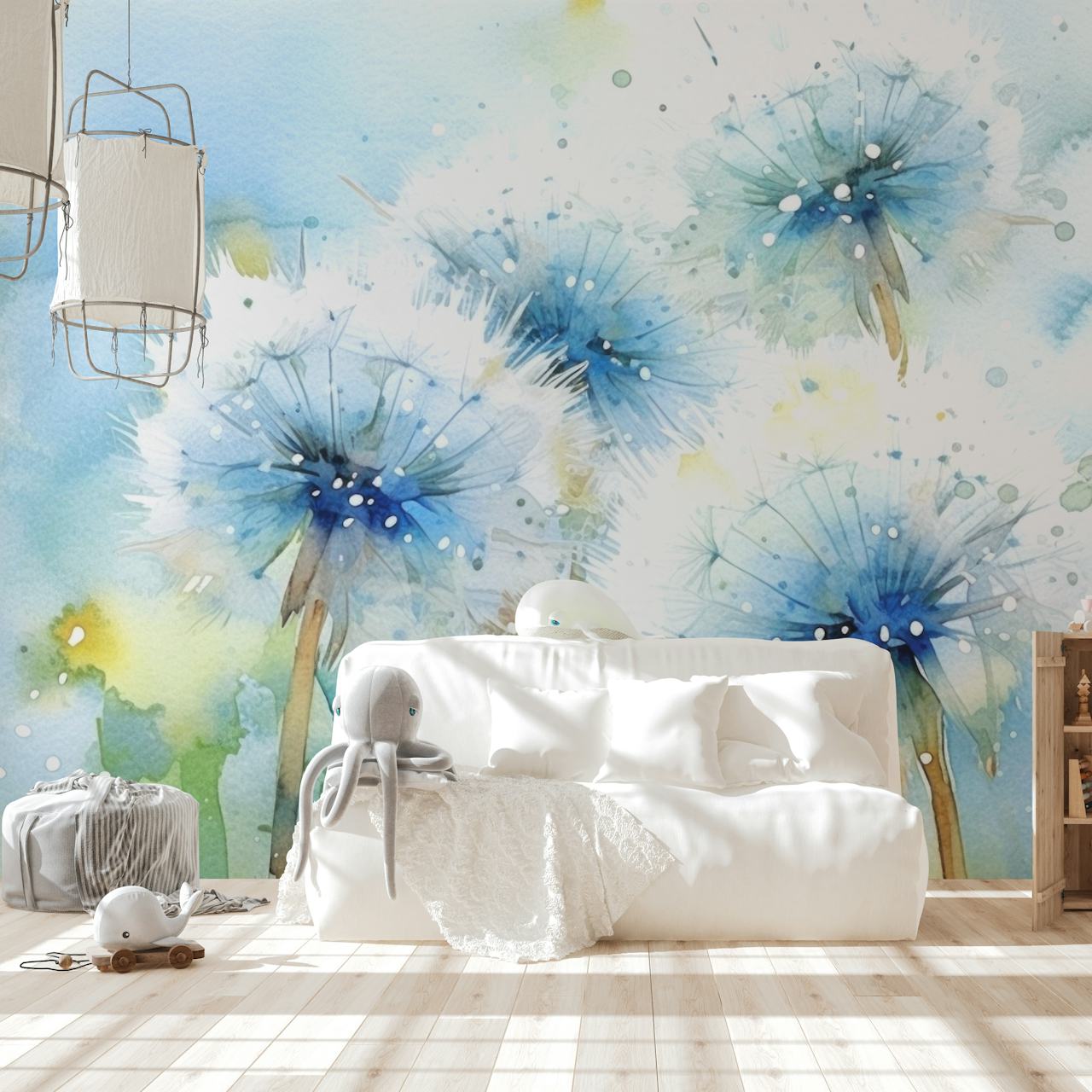 Watercolor dandelions in blue and white wallpaper