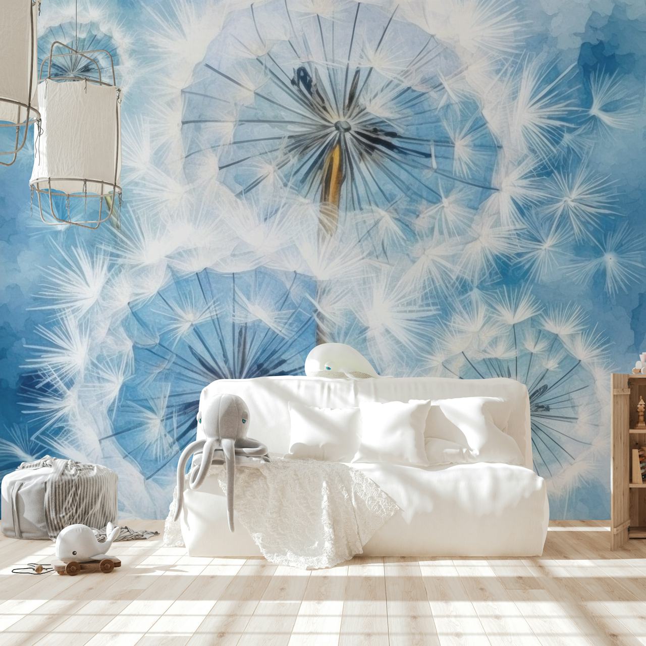 Dandelion flowers with white fluff on blue background wallpaper