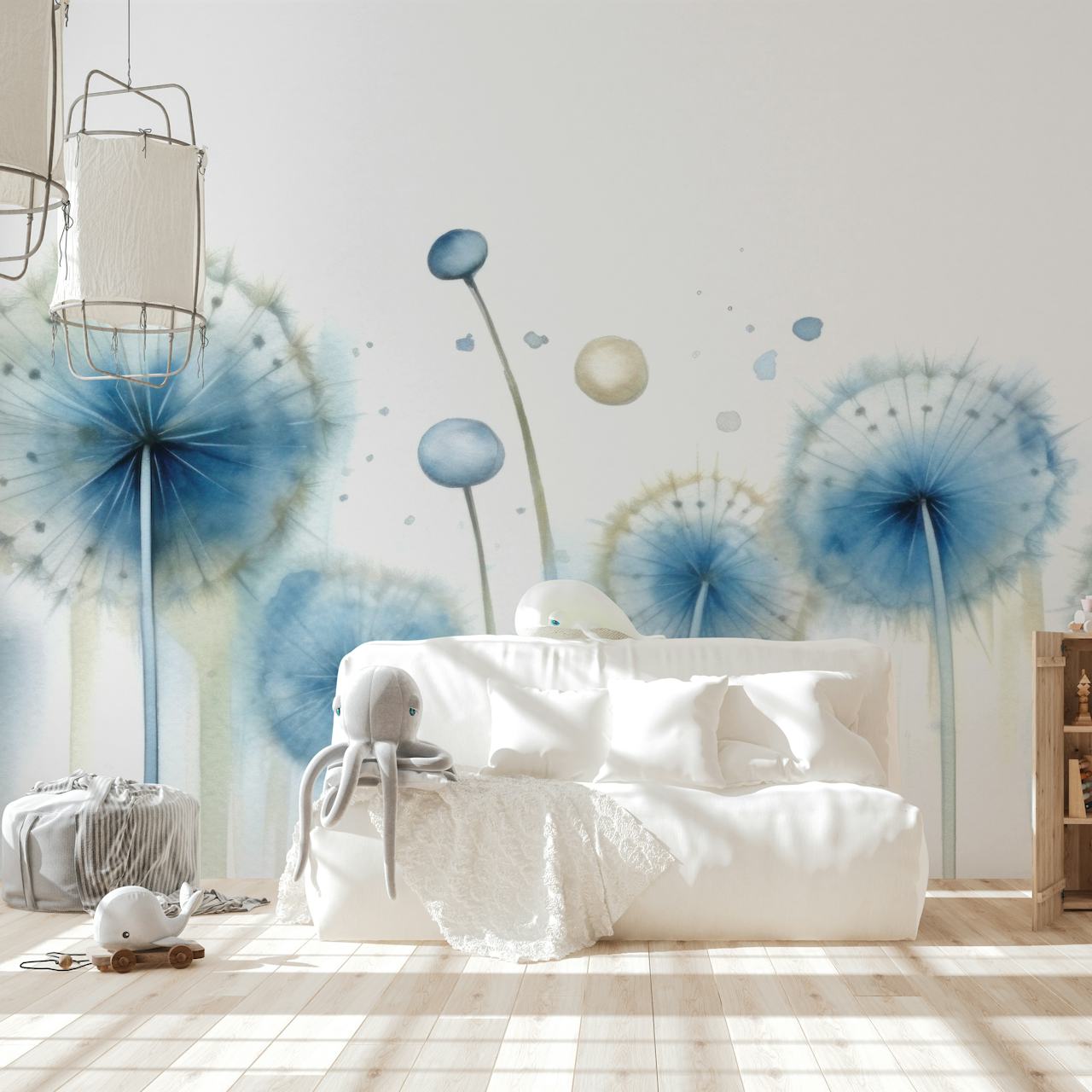 Child-friendly dandelion wall mural with blue and white tones