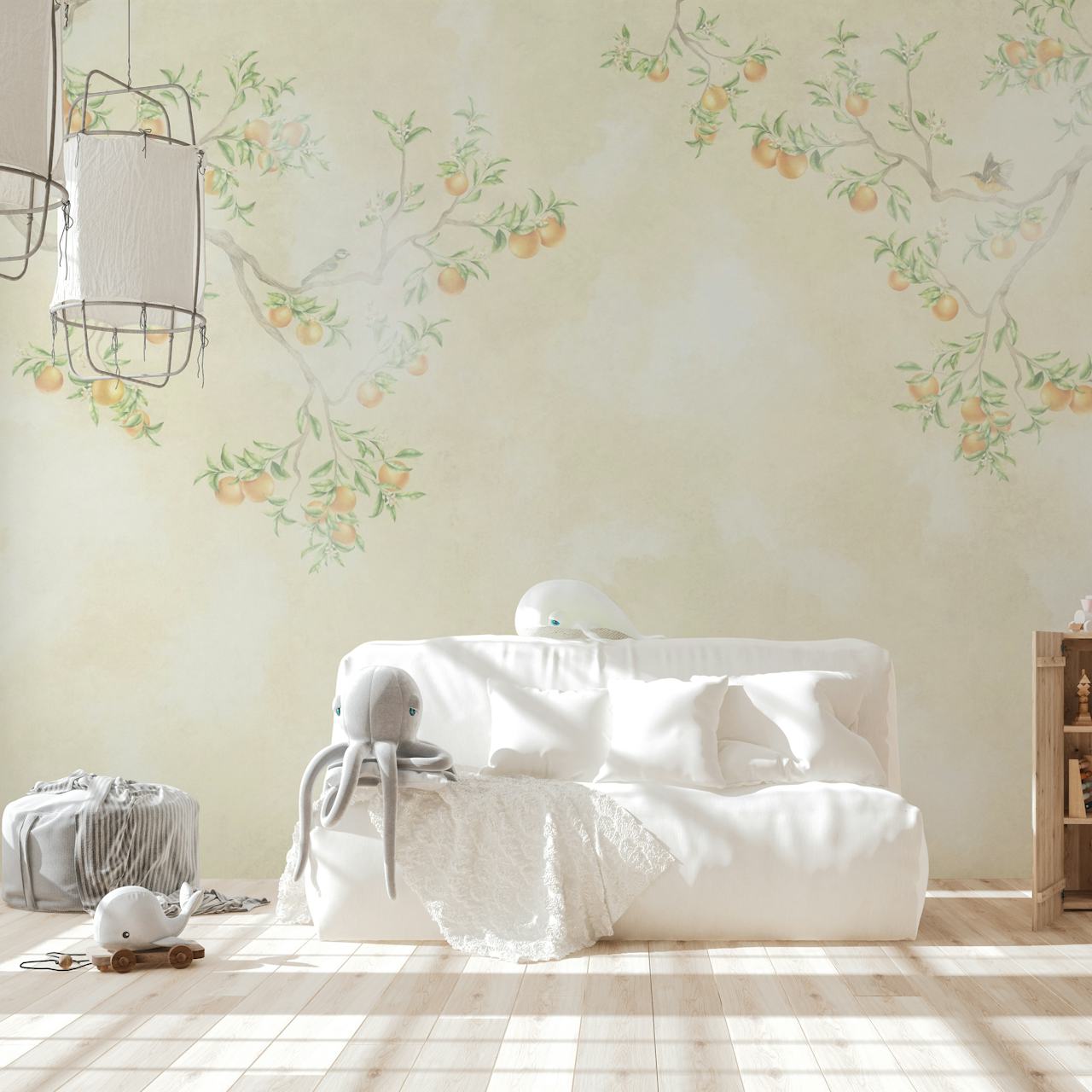 Pastel orange tree branches with foliage and oranges wallpaper