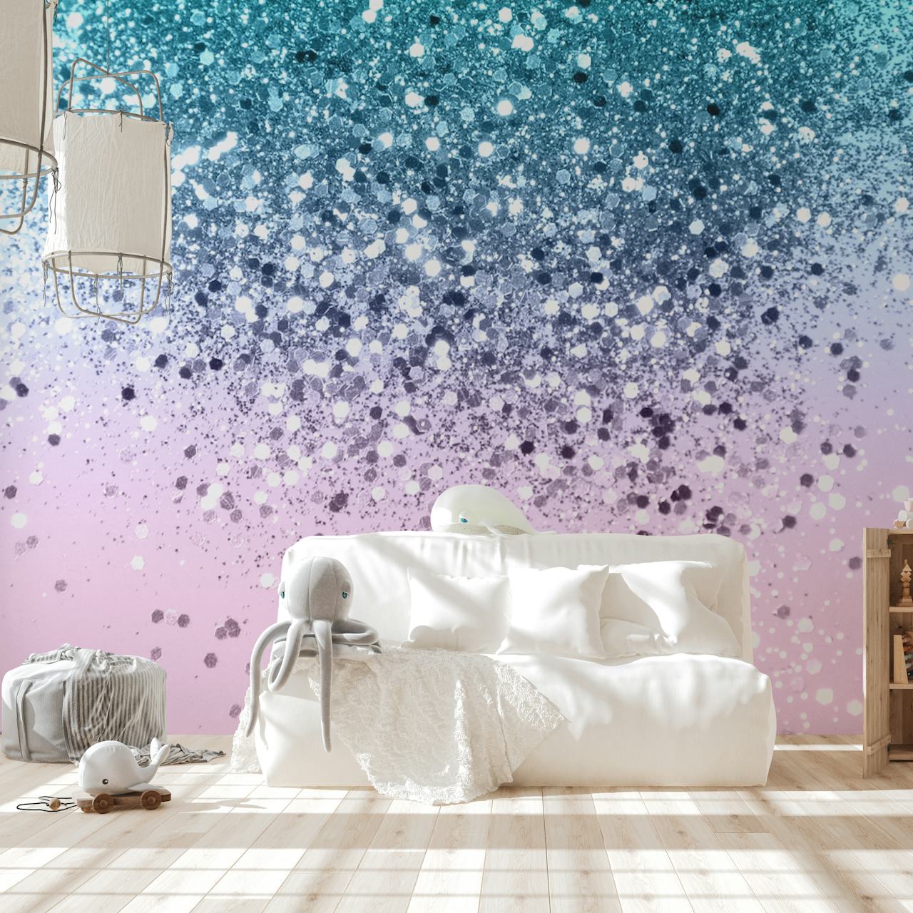 Glittering unicorn-themed wallpaper with turquoise and pink gradient
