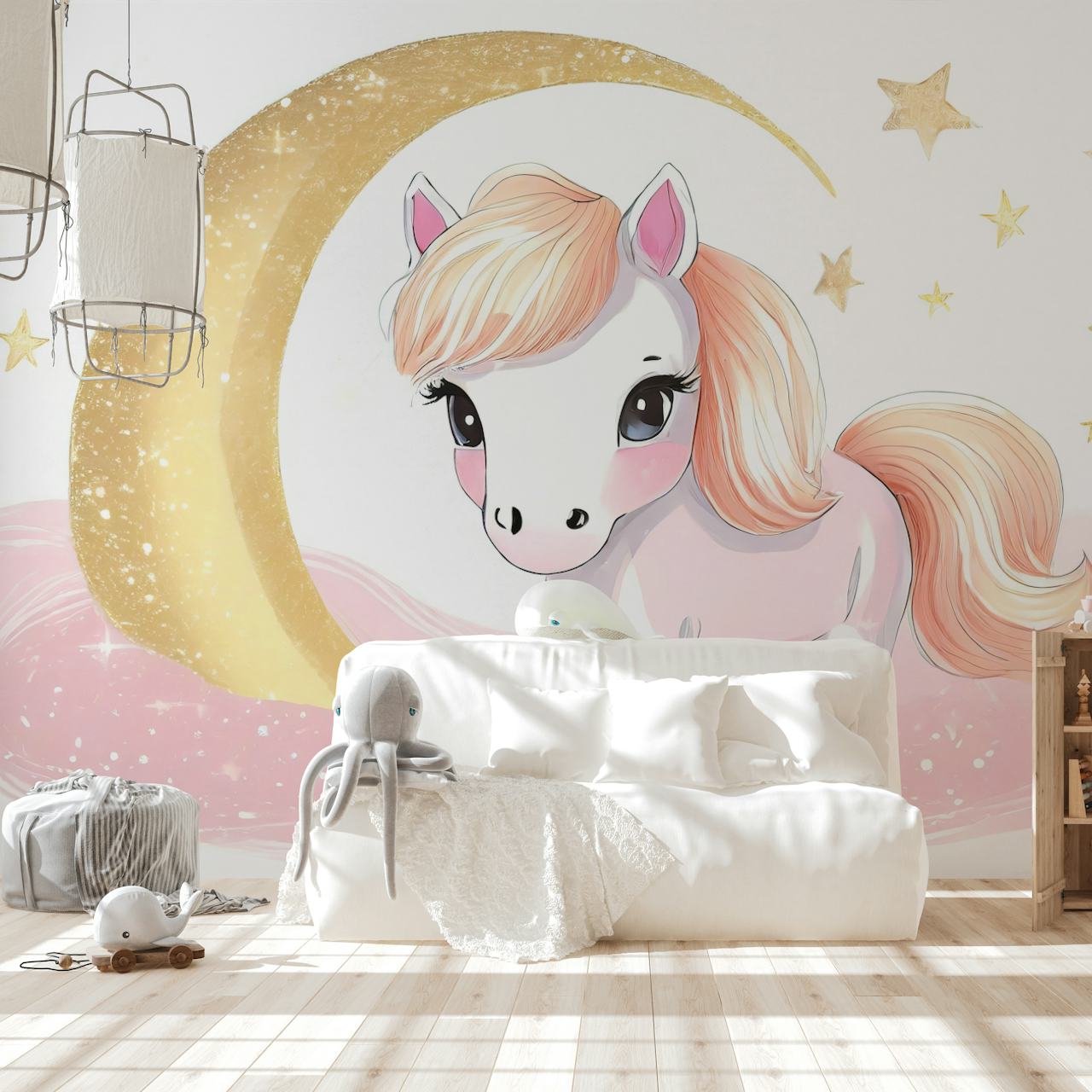 Pink unicorn with golden crescent moon and stars wallpaper
