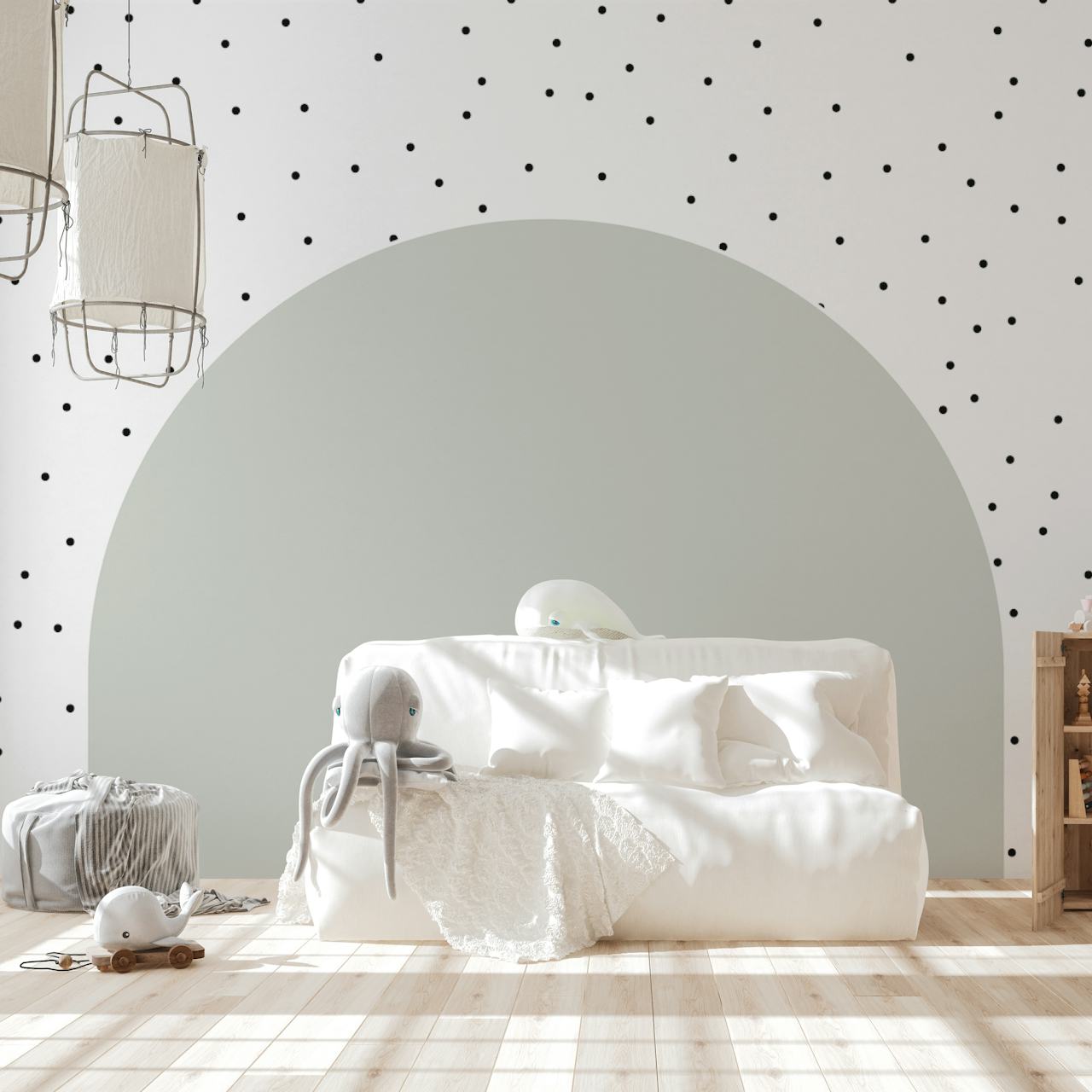Sage green wide arch with black polka dots on white background wallpaper