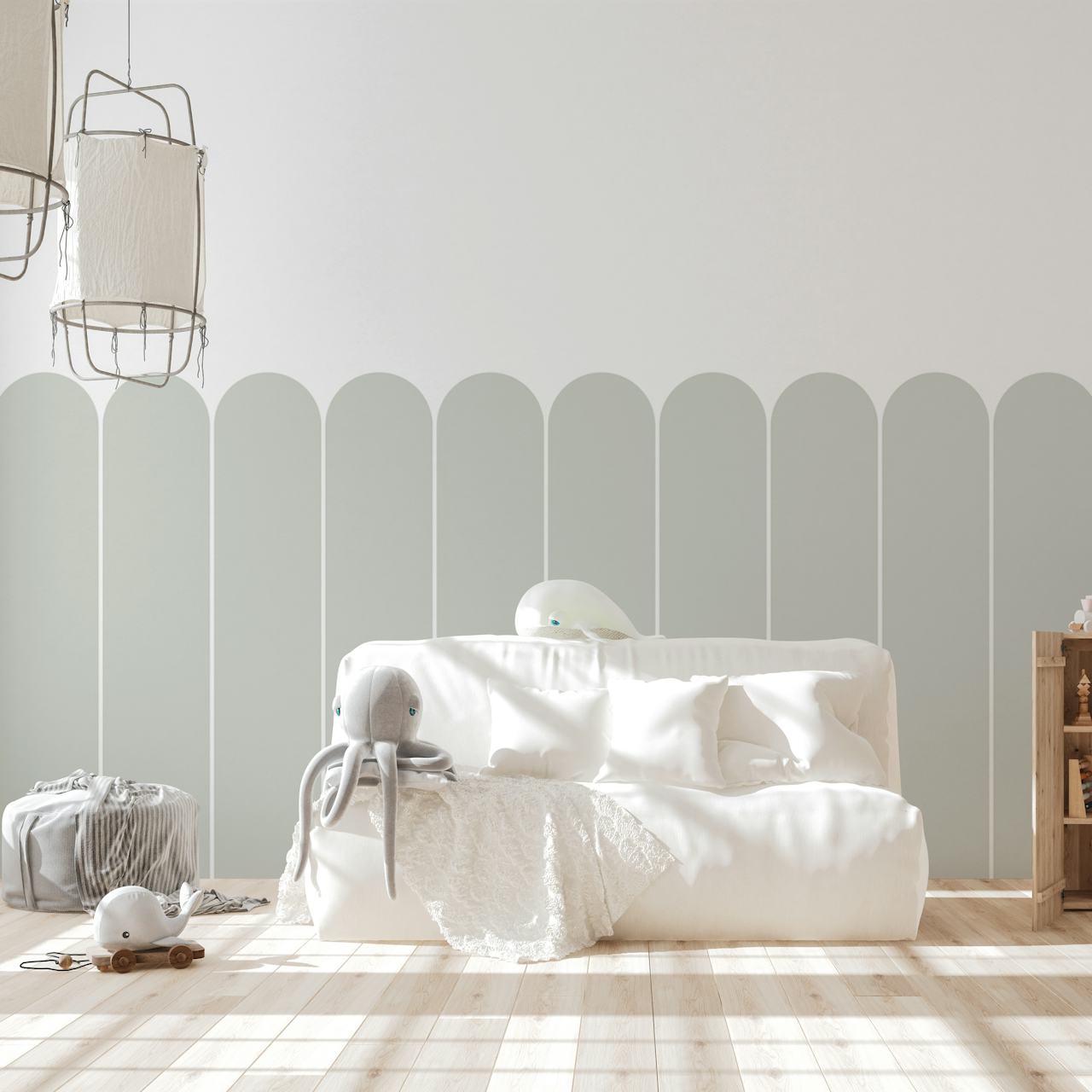 Geometric arches in sage green on a white background wallpaper