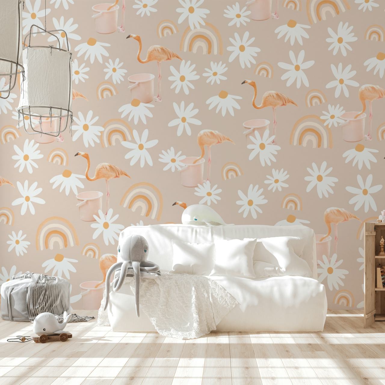 Flamingo Rainbow Daisy Dream wallpaper pattern