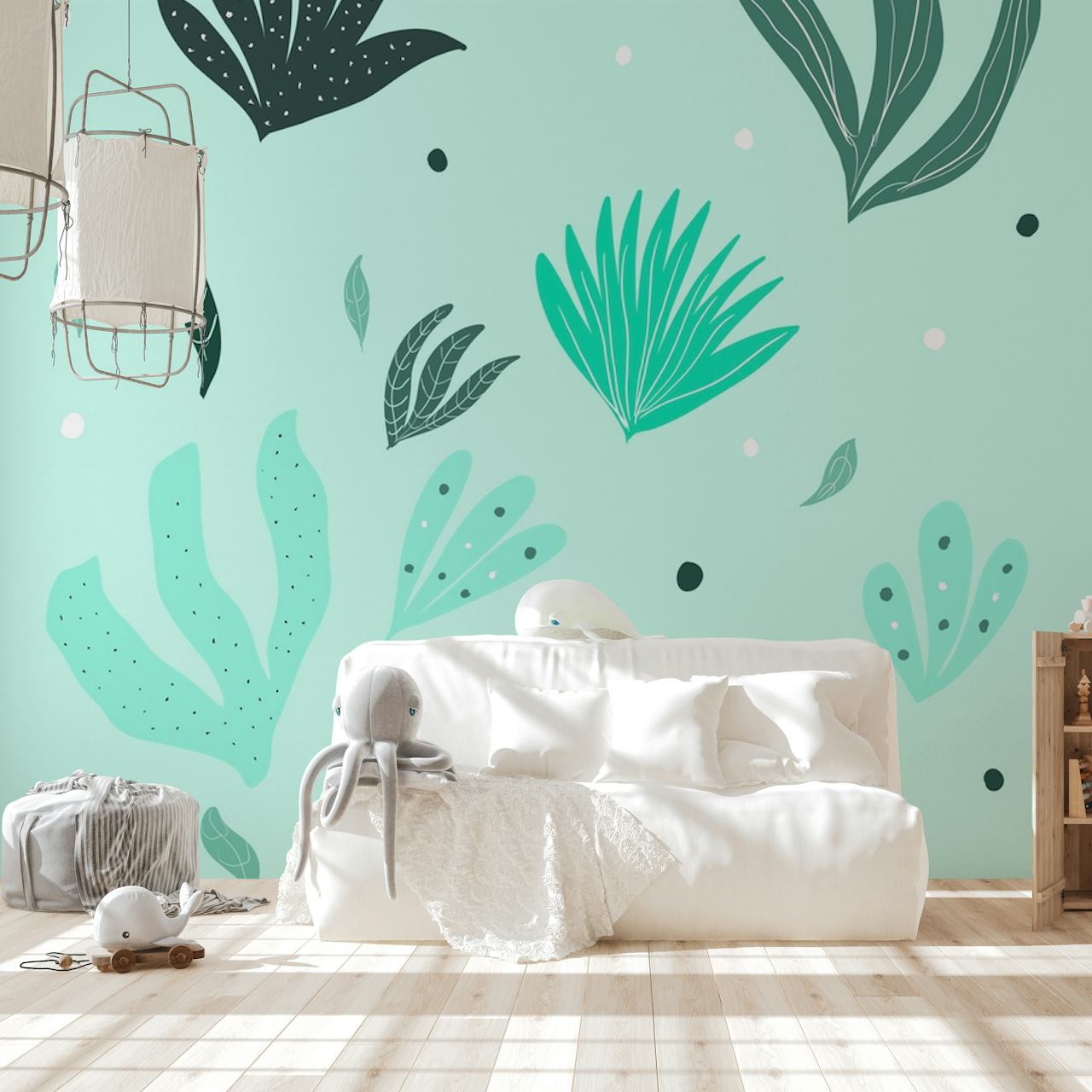 Tropical leaves in aqua and black patterns on light blue wallpaper