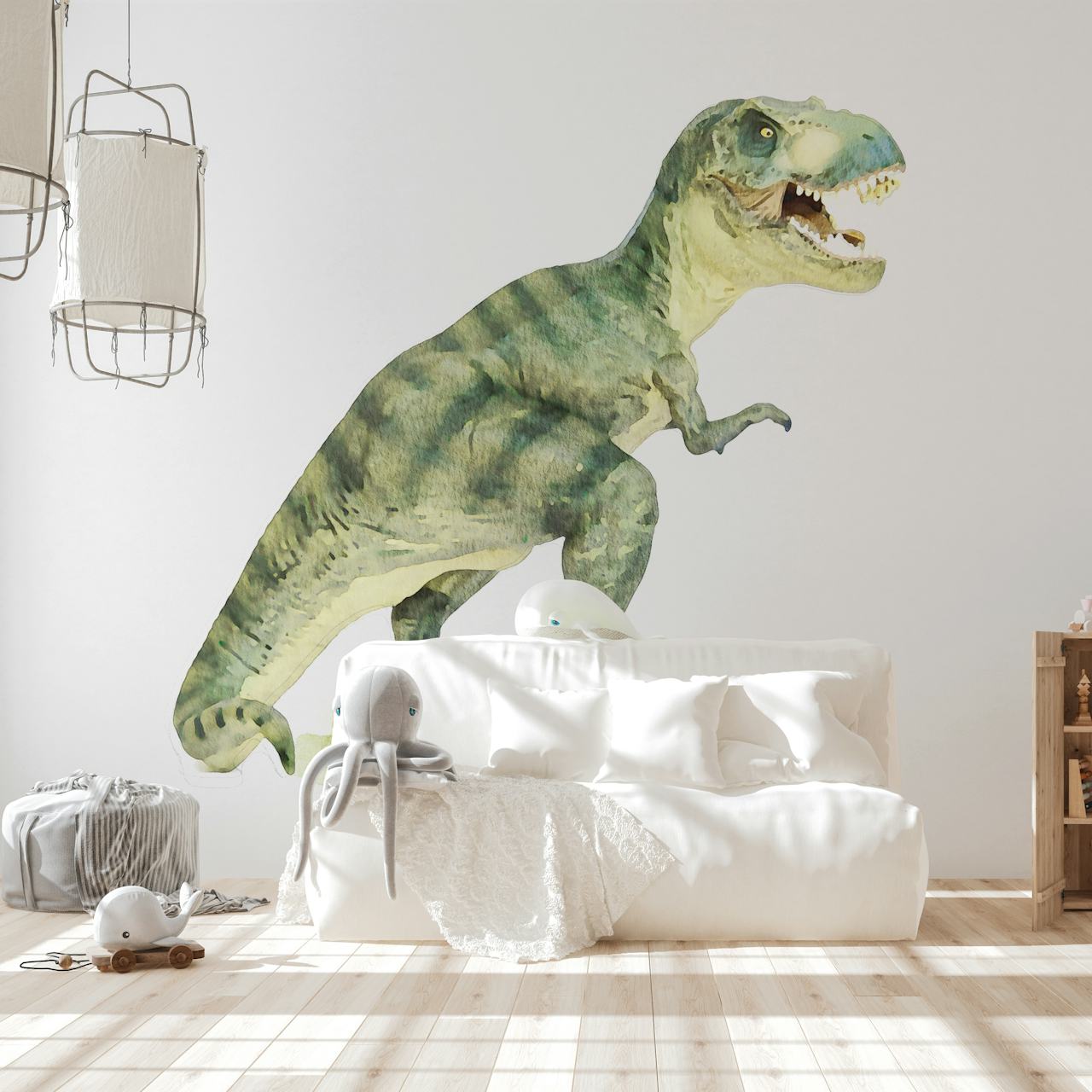 Tyrannosaurus wallpaper displayed in a room