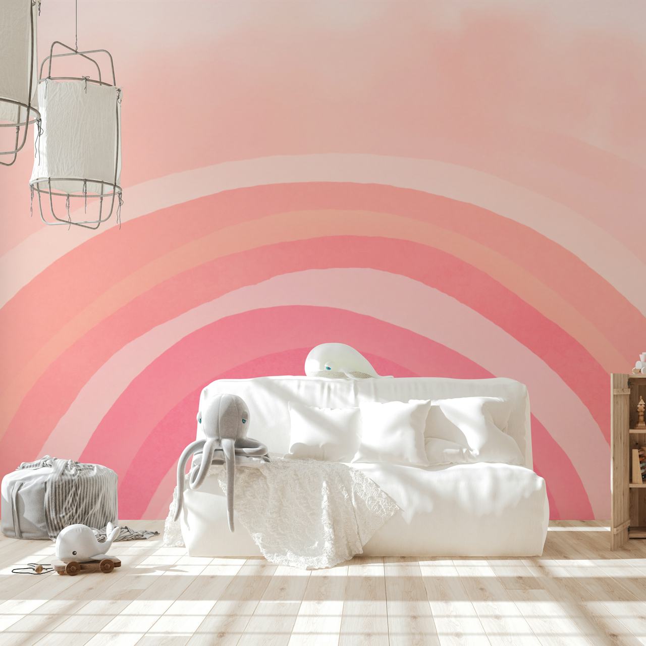 Whimsy boho pastel pink rainbow wallpaper in room