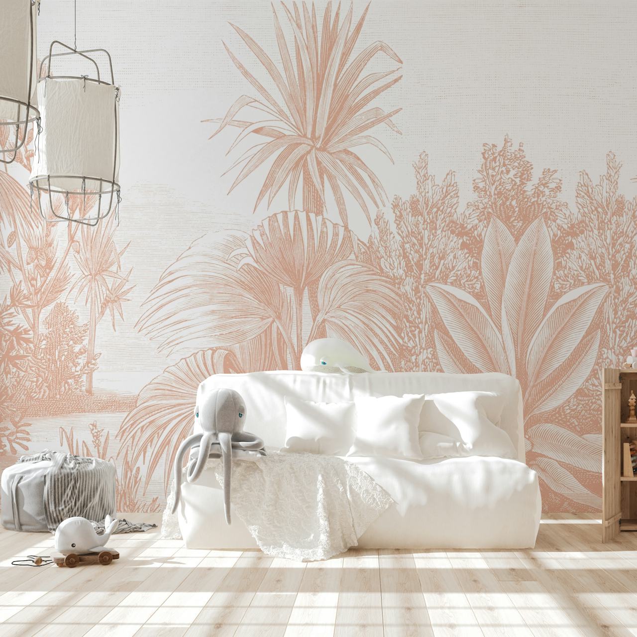 Lush Jungle Pastel Peach wallpaper in a room