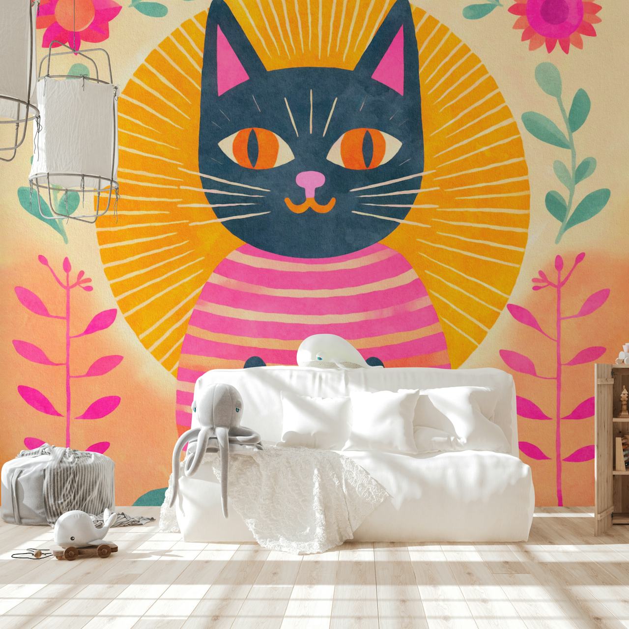 Boho Sunrise Feline Fiesta tapetti huoneessa
