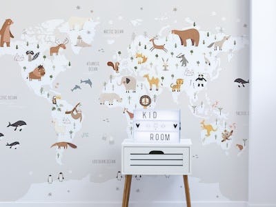 World map with animals gray