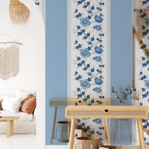 Blue Chinoiserie floral in stripes