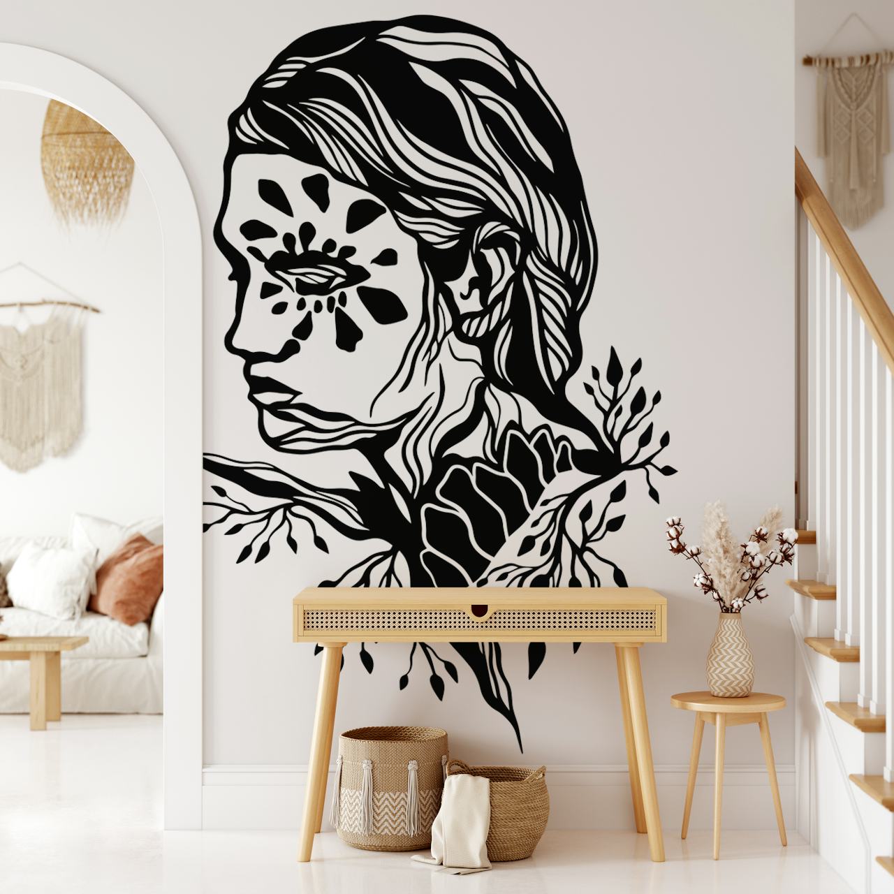 Black floral art design featuring elegant face silhouette wallpaper