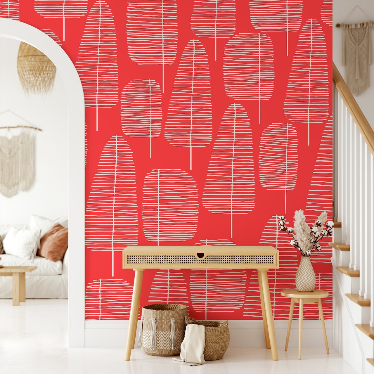 Fototapete „Mid Century Trees Red 2“ mit abstrakten Baumformen in roter Farbe