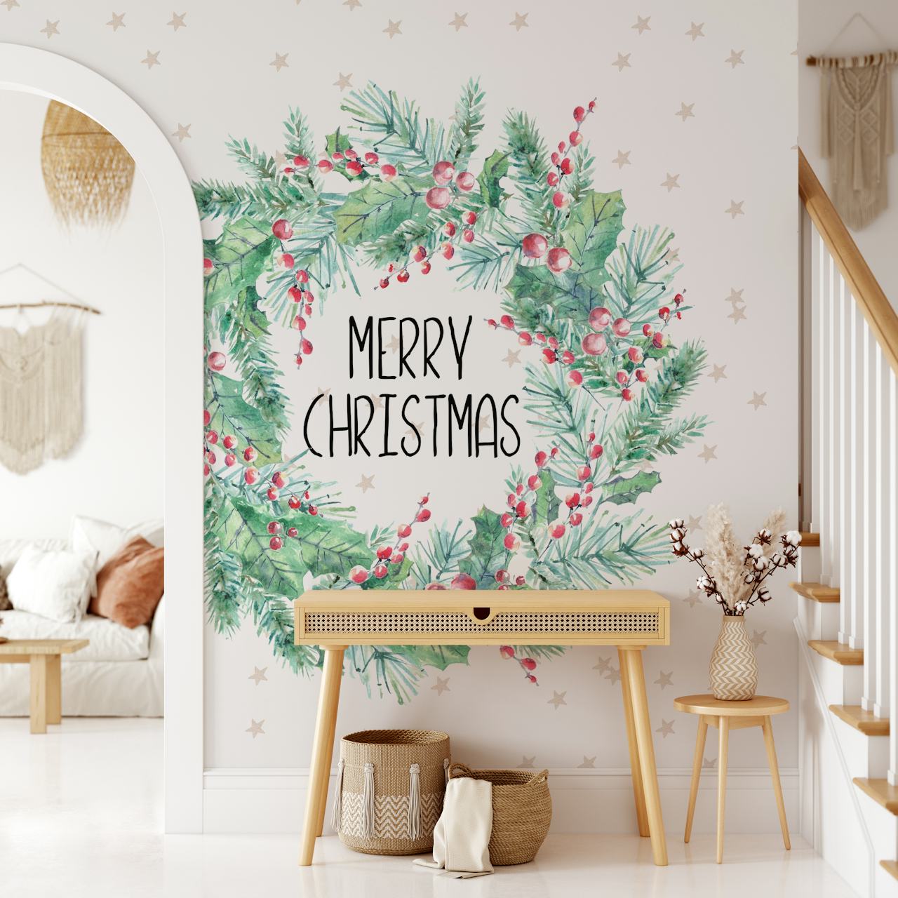 Christmas wreath wallpaper design in a room