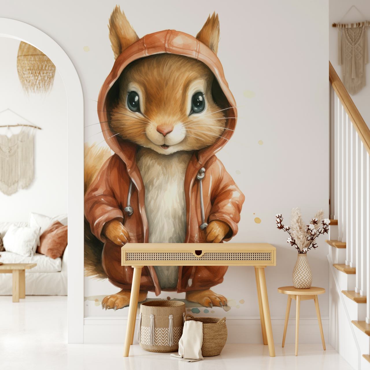 Watercolor cartoon squirrel in a hoodie wallpaper