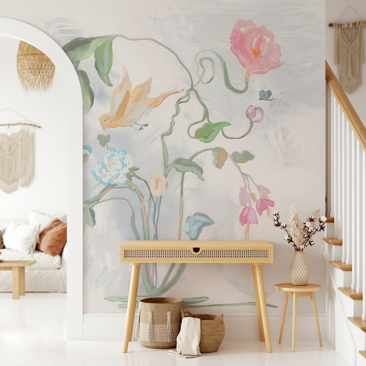 Delicate floral wallpaper in einem gemütlichen Raum