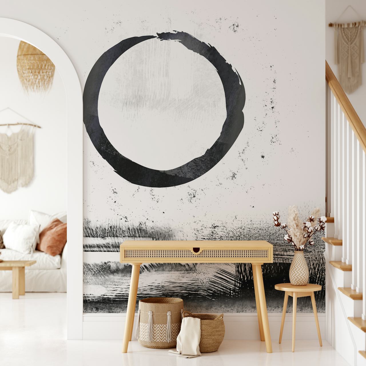 Black circular brush stroke on a textured white background wallpaper