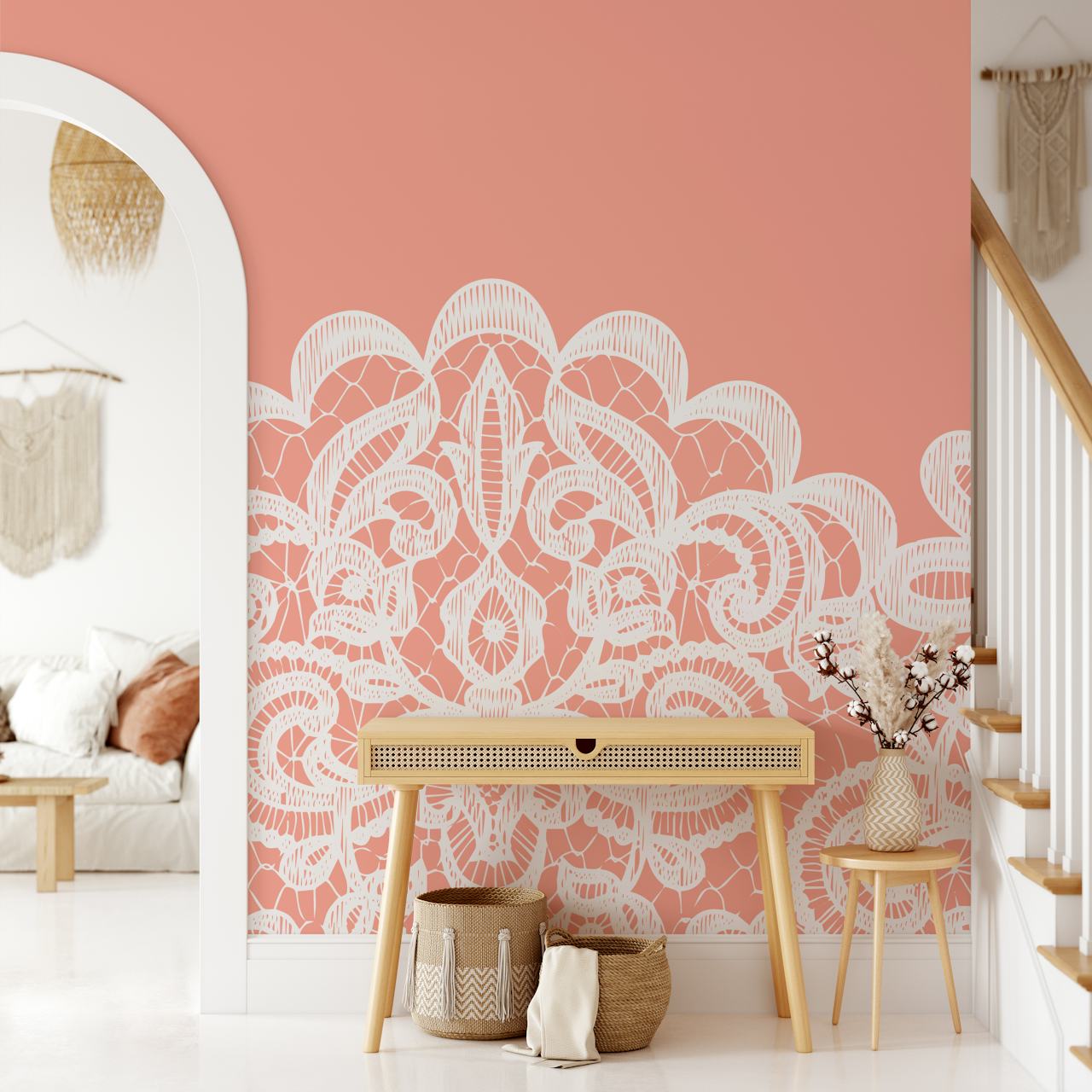 Ταπετσαρία Coral Pink με λευκό μοτίβο δαντέλας